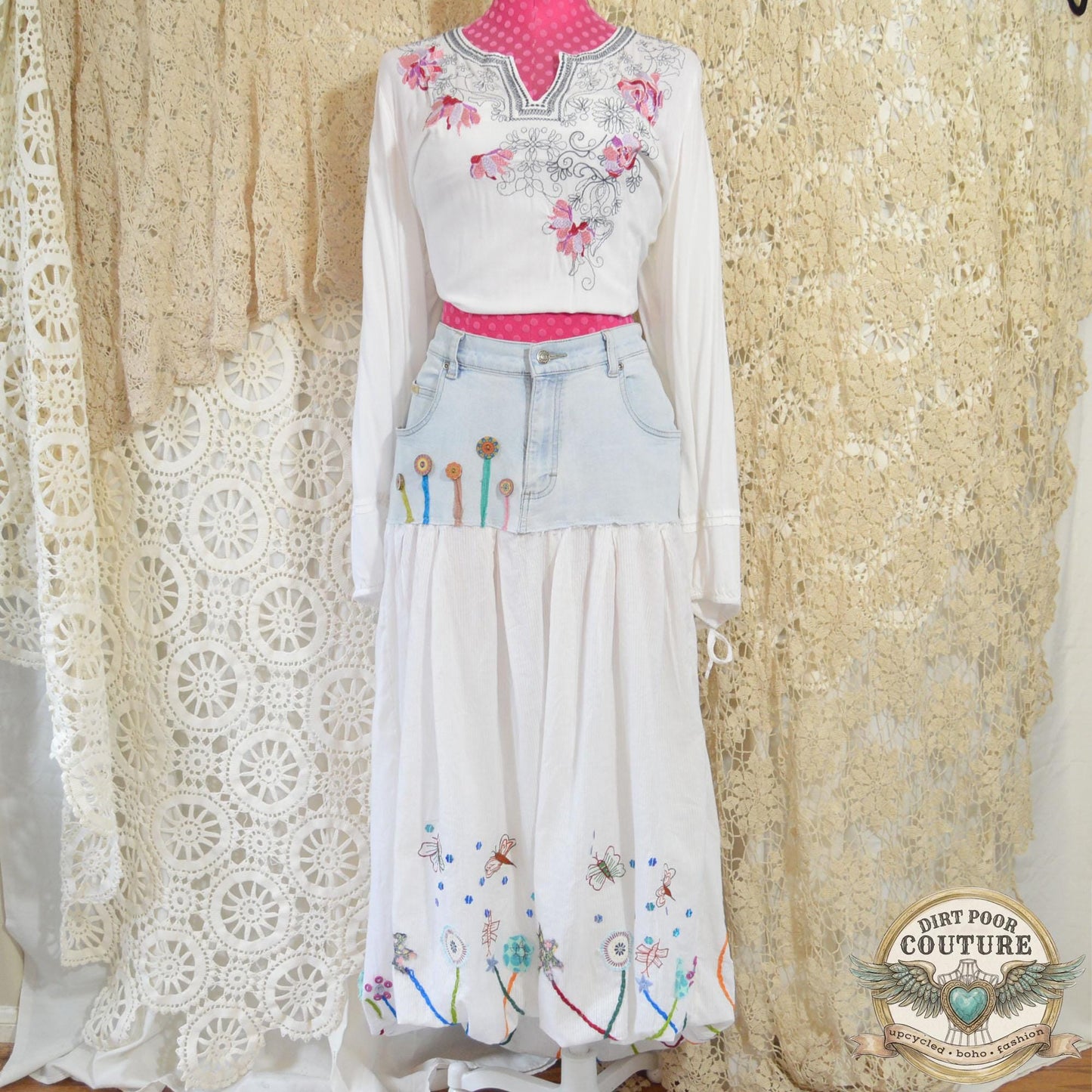 Upcycled Denim Bubble Skirt. OOAK Embroidered Butterfly & Floral Cotton Skirt, Boho Cottagecore Maxi, Size 14, Handmade Wearable Art