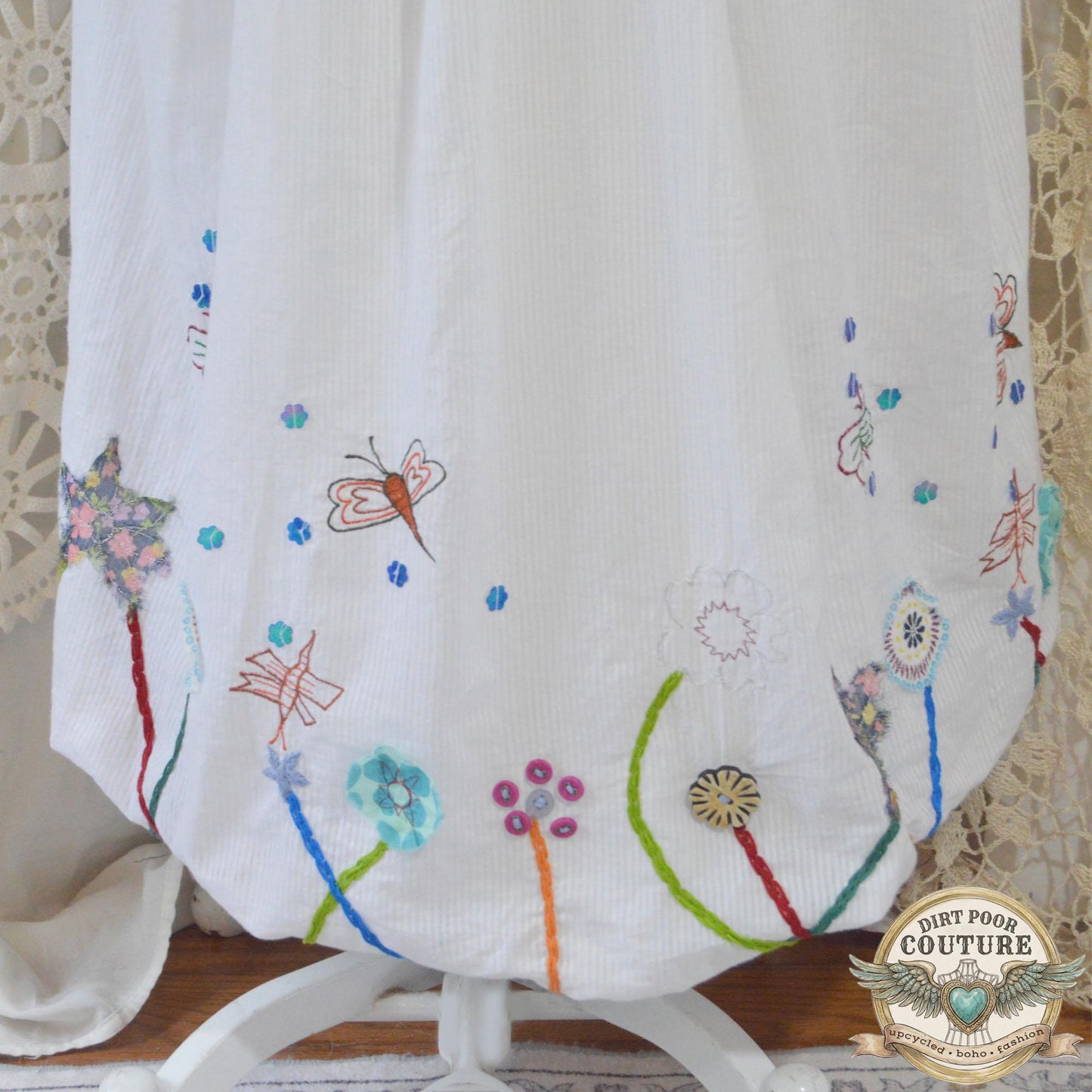 Upcycled Denim Bubble Skirt. OOAK Embroidered Butterfly & Floral Cotton Skirt, Boho Cottagecore Maxi, Size 14, Handmade Wearable Art