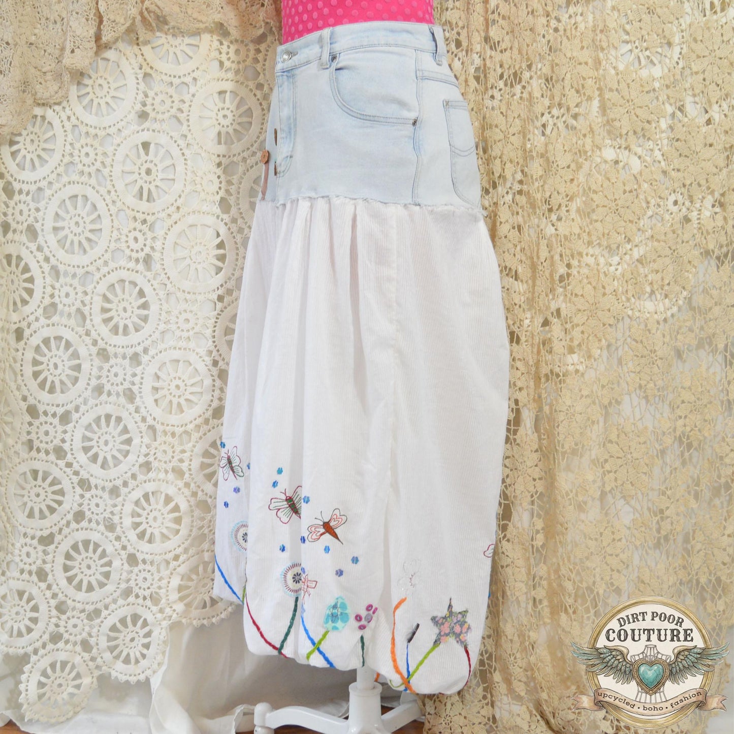Upcycled Denim Bubble Skirt. OOAK Embroidered Butterfly & Floral Cotton Skirt, Boho Cottagecore Maxi, Size 14, Handmade Wearable Art