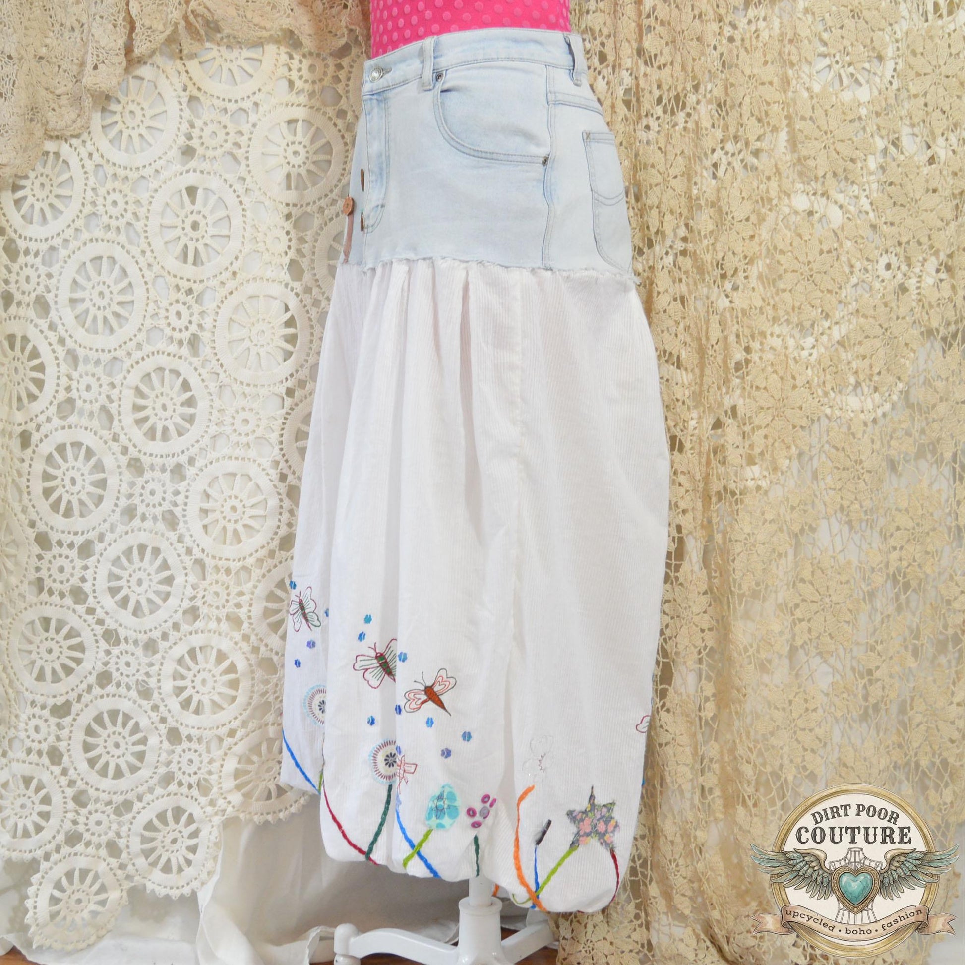 Upcycled Denim Bubble Skirt. OOAK Embroidered Butterfly & Floral Cotton Skirt, Boho Cottagecore Maxi, Size 14, Handmade Wearable Art