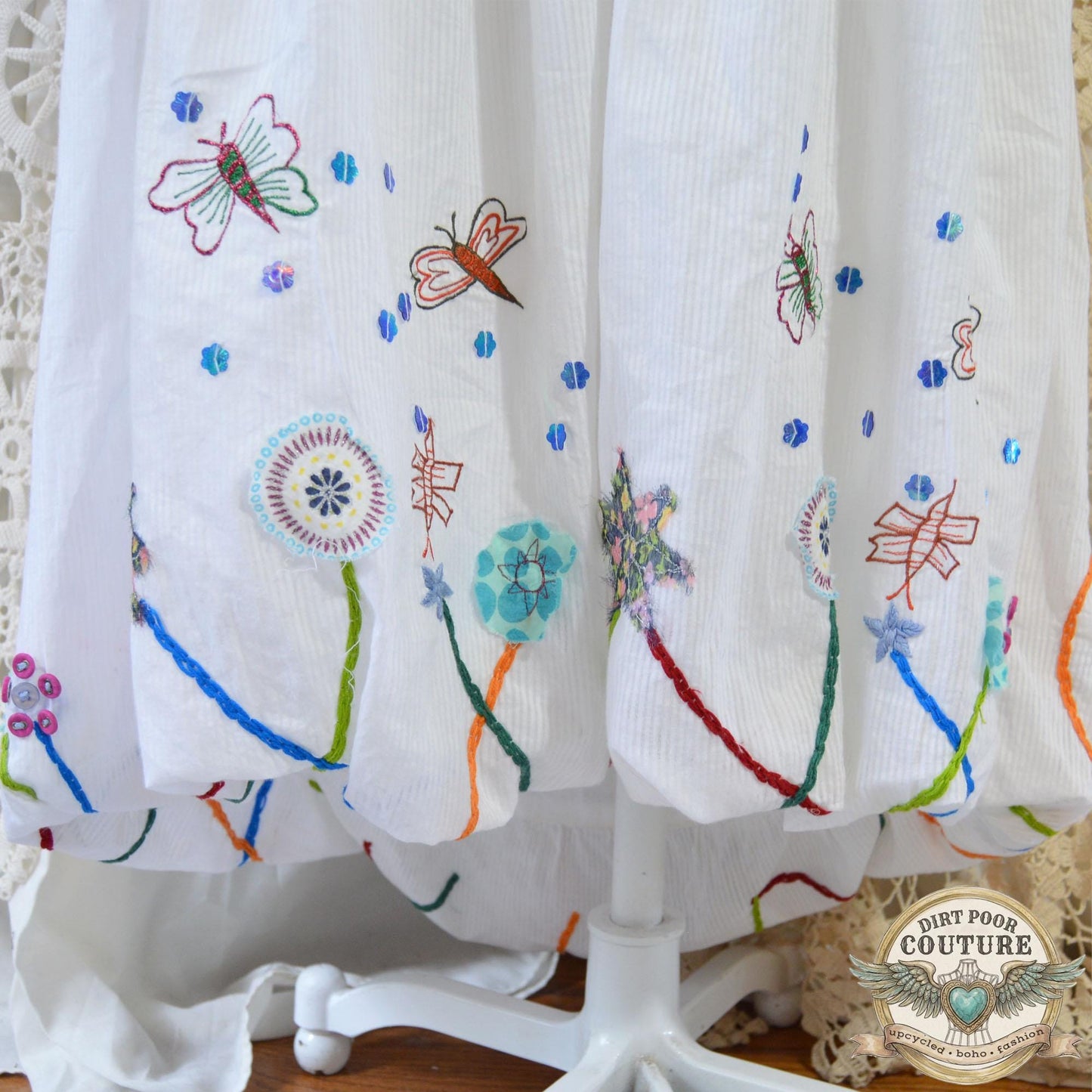 Upcycled Denim Bubble Skirt. OOAK Embroidered Butterfly & Floral Cotton Skirt, Boho Cottagecore Maxi, Size 14, Handmade Wearable Art
