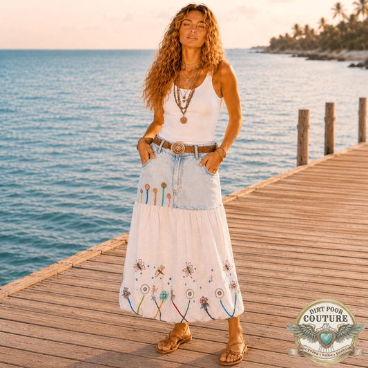 Upcycled Denim Bubble Skirt. OOAK Embroidered Butterfly & Floral Cotton Skirt, Boho Cottagecore Maxi, Size 14, Handmade Wearable Art