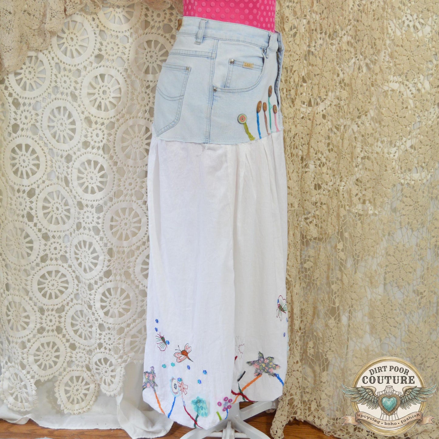 Upcycled Denim Bubble Skirt. OOAK Embroidered Butterfly & Floral Cotton Skirt, Boho Cottagecore Maxi, Size 14, Handmade Wearable Art