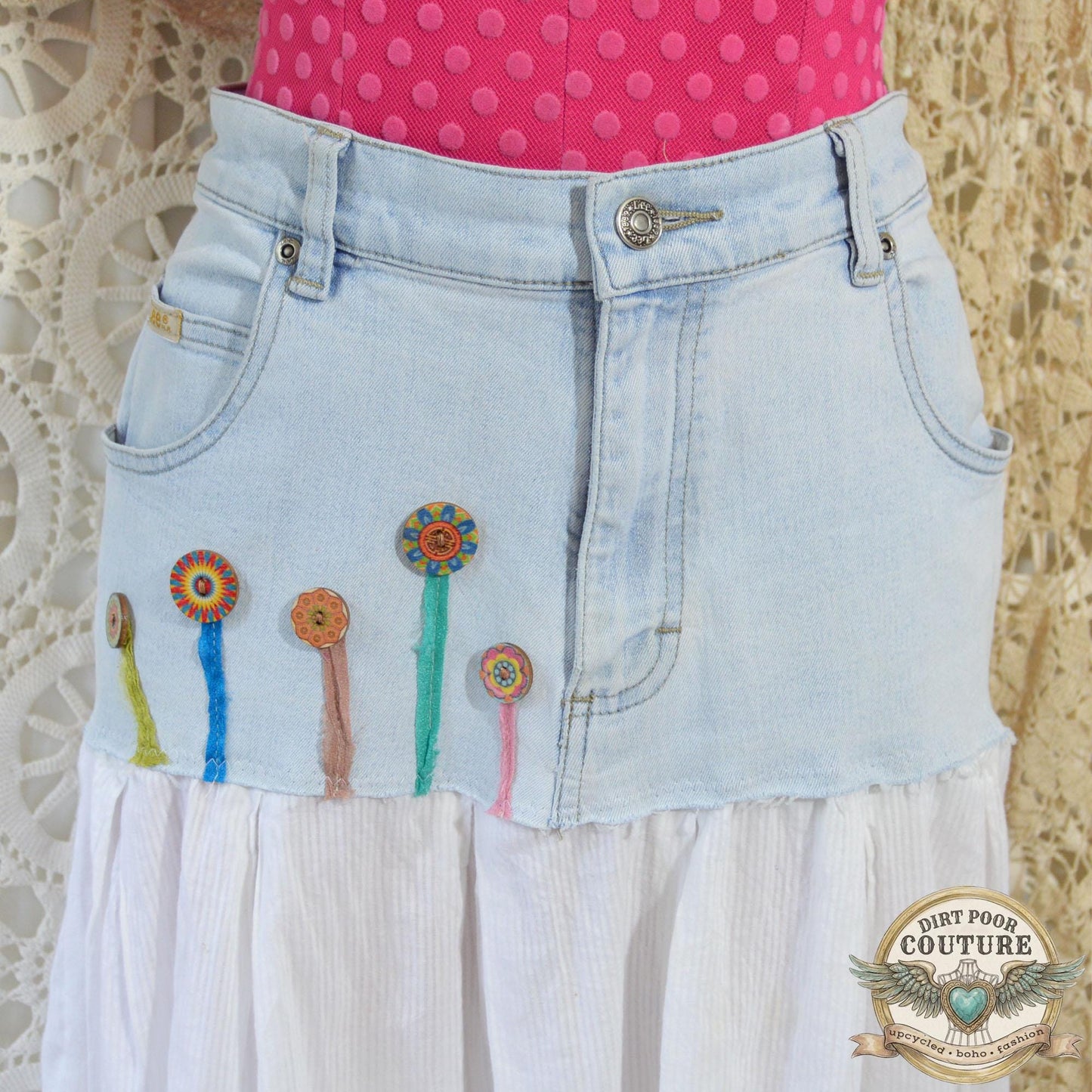 Upcycled Denim Bubble Skirt. OOAK Embroidered Butterfly & Floral Cotton Skirt, Boho Cottagecore Maxi, Size 14, Handmade Wearable Art