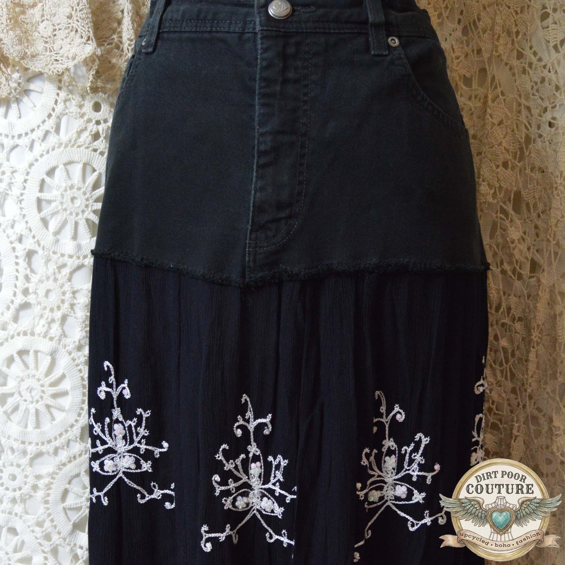 Upcycled Boho Black Skirt, Embroidered, Handkerchief Hem, Size 12, OOAK, Evangeline