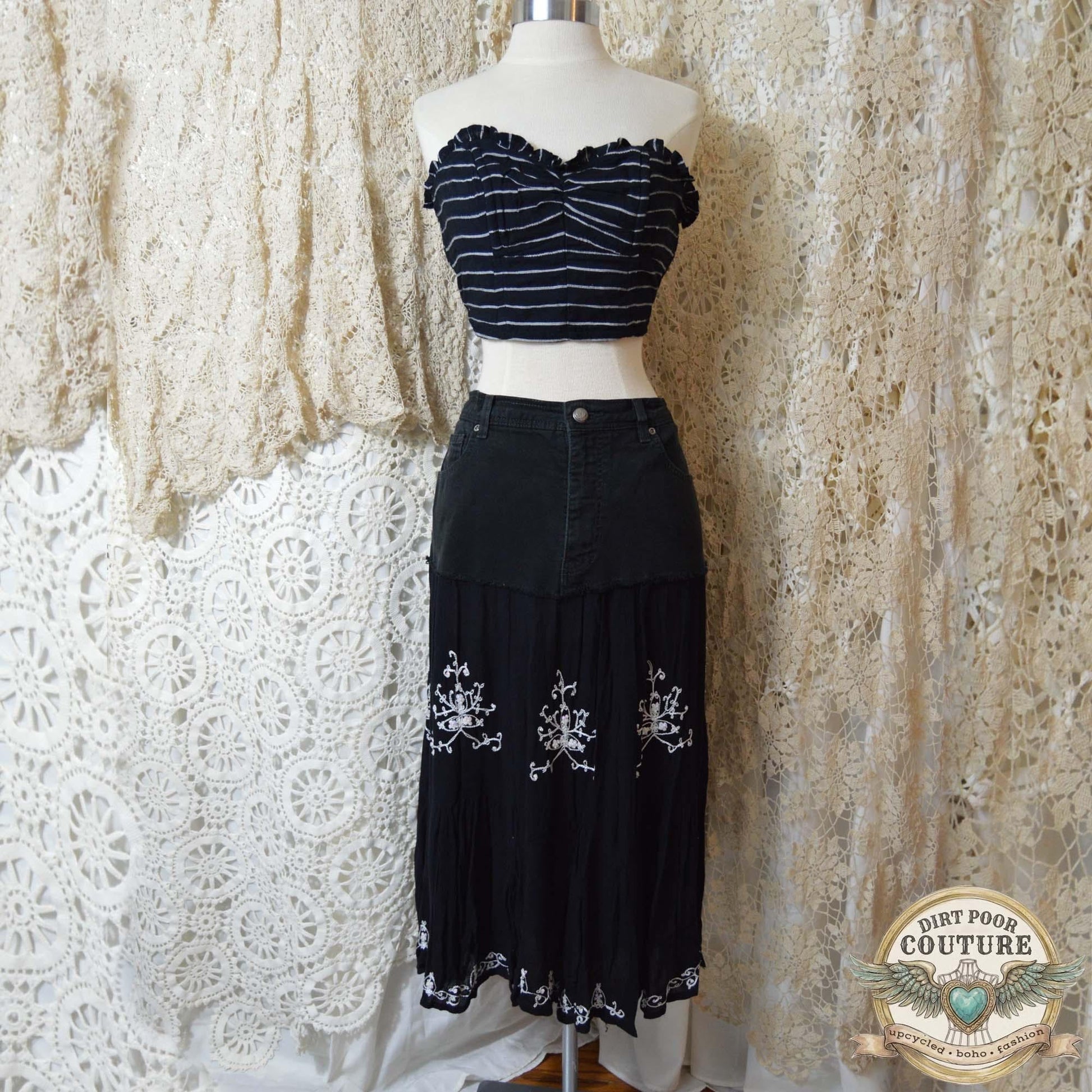 Upcycled Boho Black Skirt, Embroidered, Handkerchief Hem, Size 12, OOAK, Evangeline