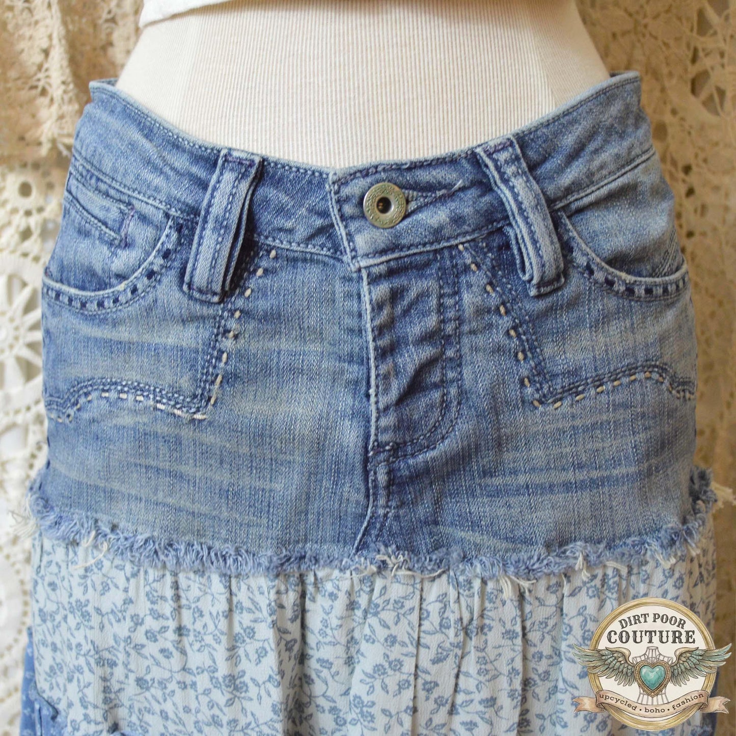 Western Denim Skirt, Upcycled Boho Skirt, Tiered Floral Skirt, Cowgirl Fashion, Size 4, Carolina