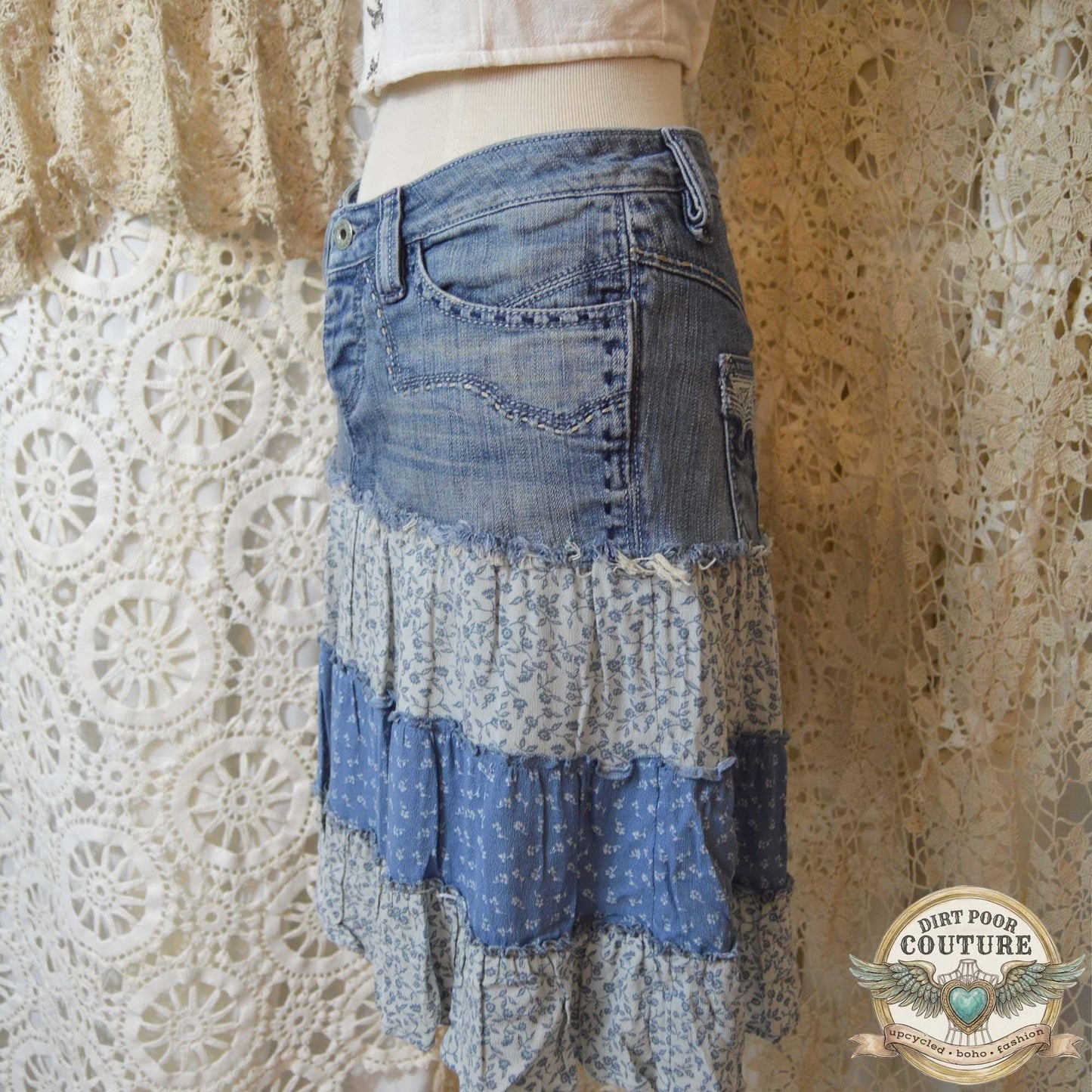 Western Denim Skirt, Upcycled Boho Skirt, Tiered Floral Skirt, Cowgirl Fashion, Size 4, Carolina