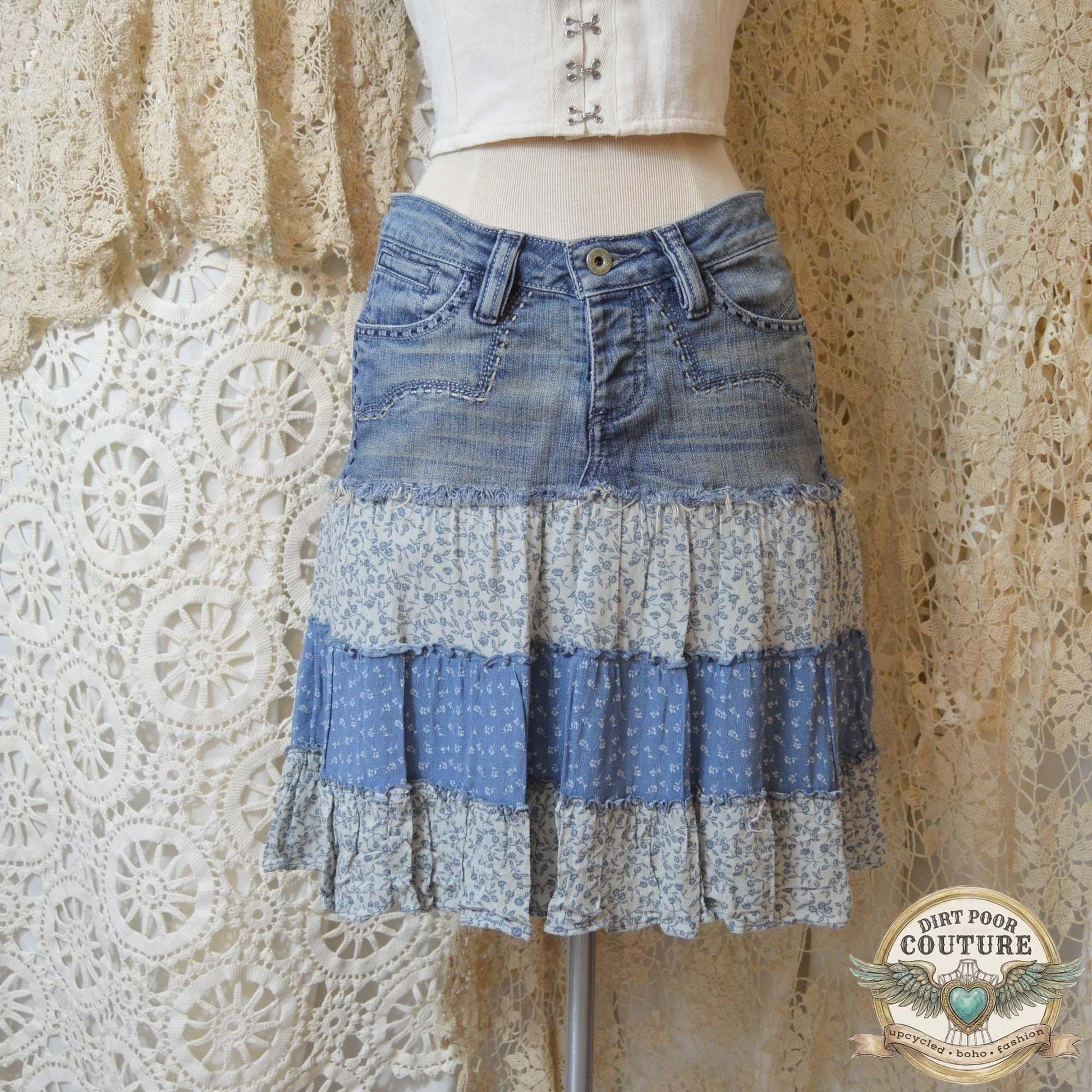 Western Denim Skirt, Upcycled Boho Skirt, Tiered Floral Skirt, Cowgirl Fashion, Size 4, Carolina