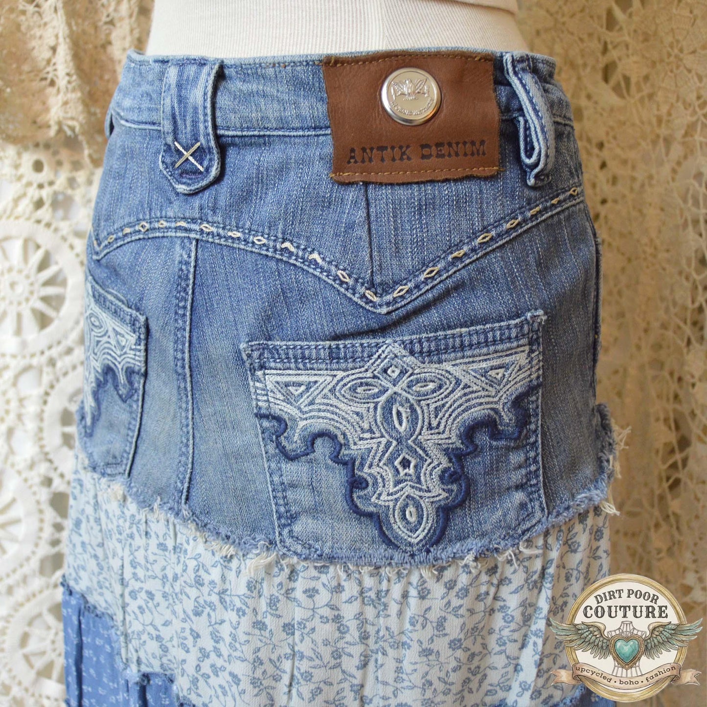 Western Denim Skirt, Upcycled Boho Skirt, Tiered Floral Skirt, Cowgirl Fashion, Size 4, Carolina