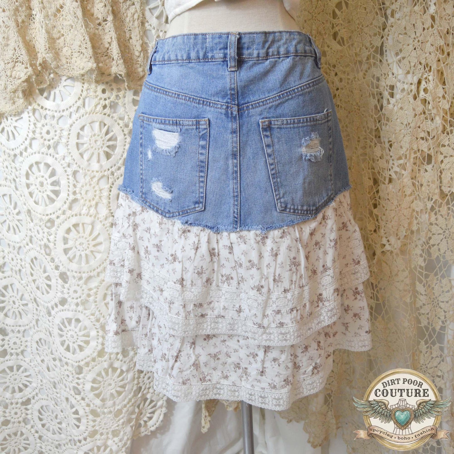 Boho Denim Tiered Skirt, Upcycled, Cottagecore Lace Skir, Prairie Skirt, Size 3, OOAK, Charlotte