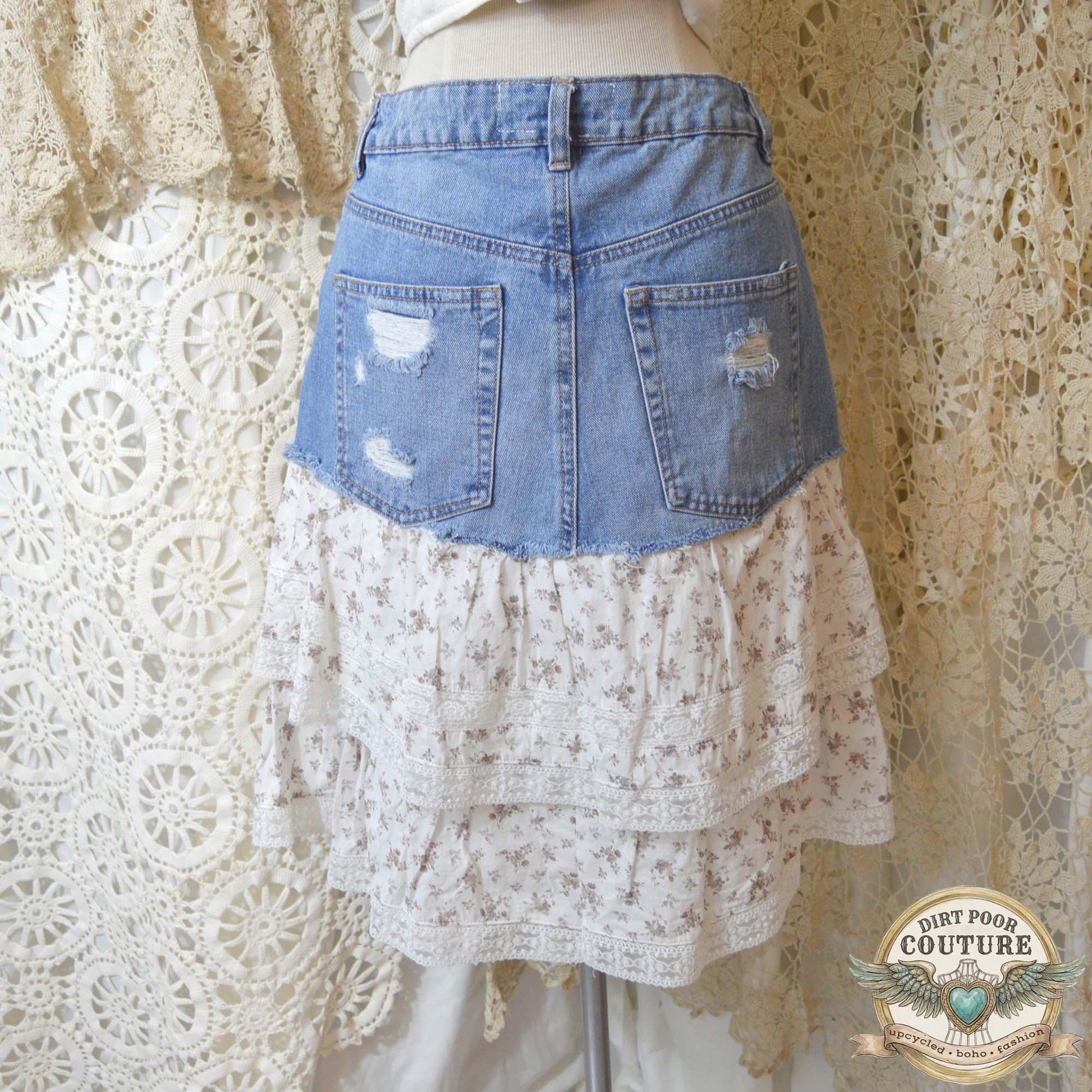 Boho Denim Tiered Skirt, Upcycled, Cottagecore Lace Skir, Prairie Skirt, Size 3, OOAK, Charlotte