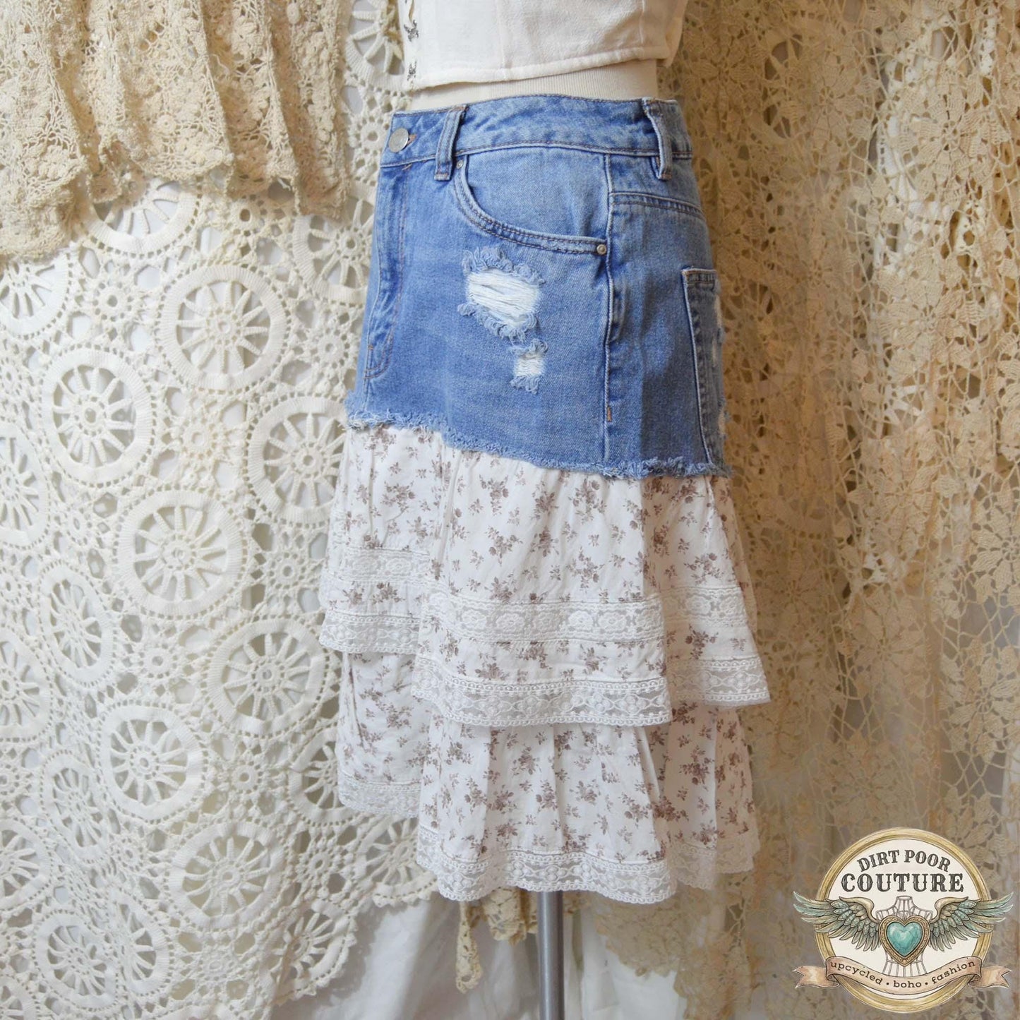 Boho Denim Tiered Skirt, Upcycled, Cottagecore Lace Skir, Prairie Skirt, Size 3, OOAK, Charlotte