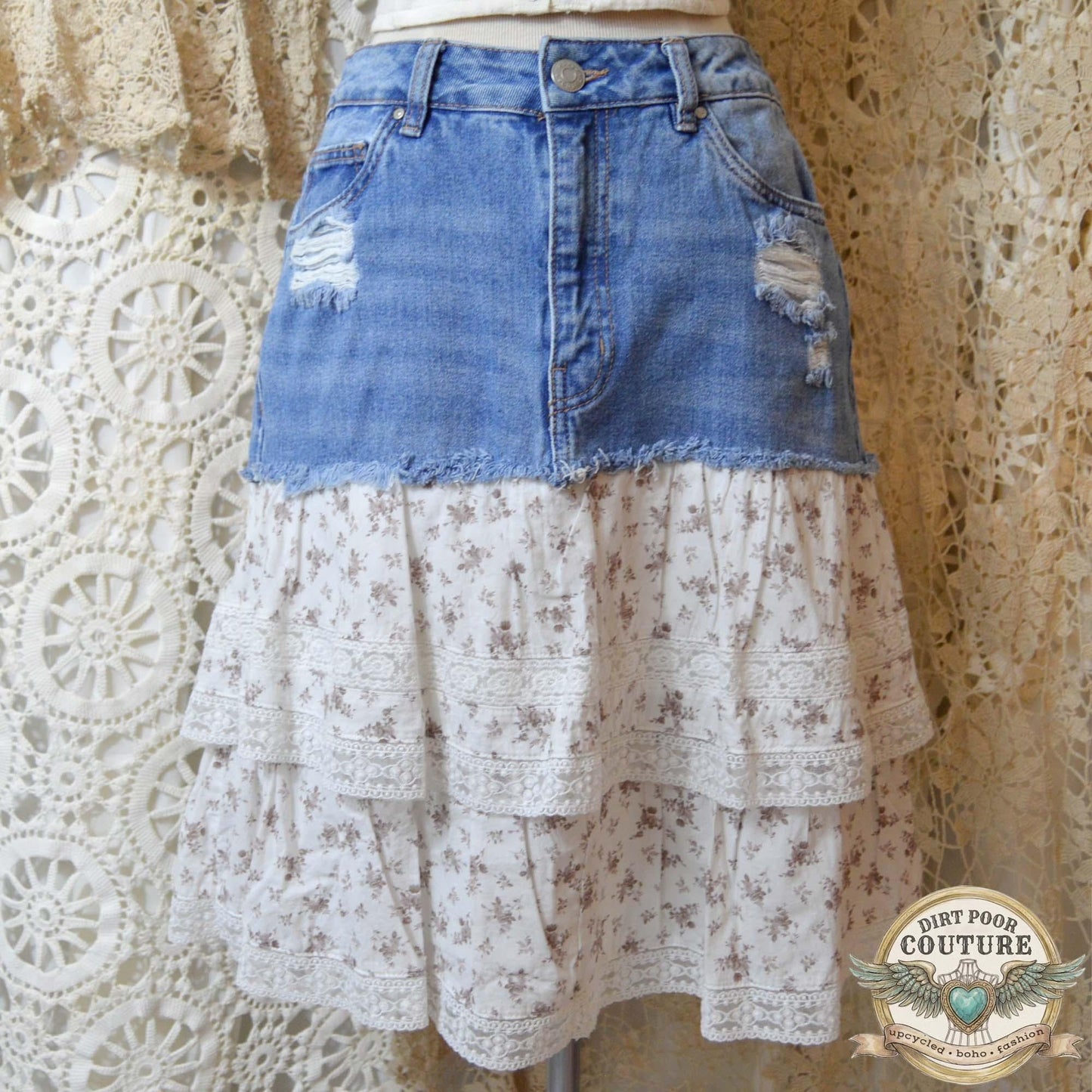 Boho Denim Tiered Skirt, Upcycled, Cottagecore Lace Skir, Prairie Skirt, Size 3, OOAK, Charlotte