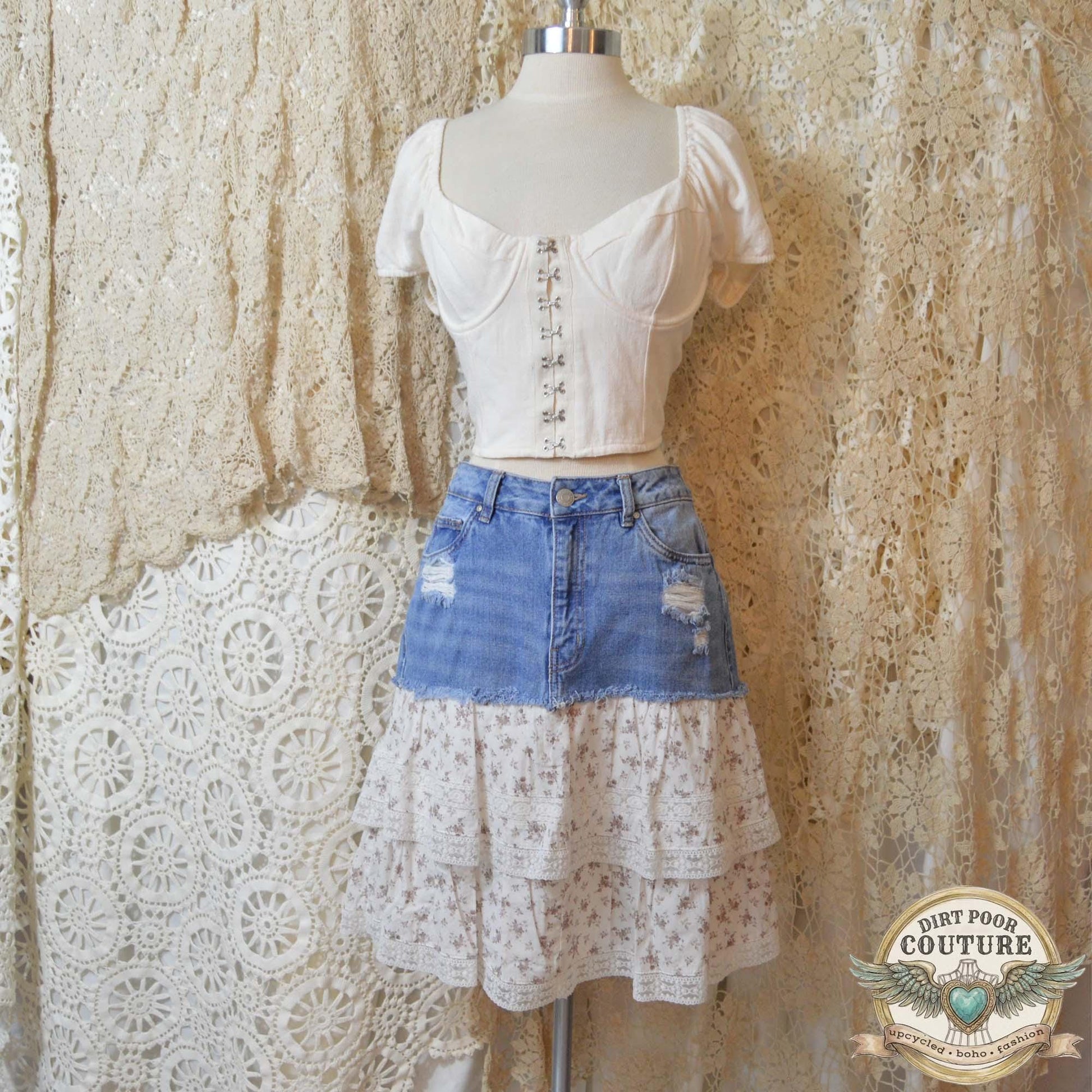 Boho Denim Tiered Skirt, Upcycled, Cottagecore Lace Skir, Prairie Skirt, Size 3, OOAK, Charlotte