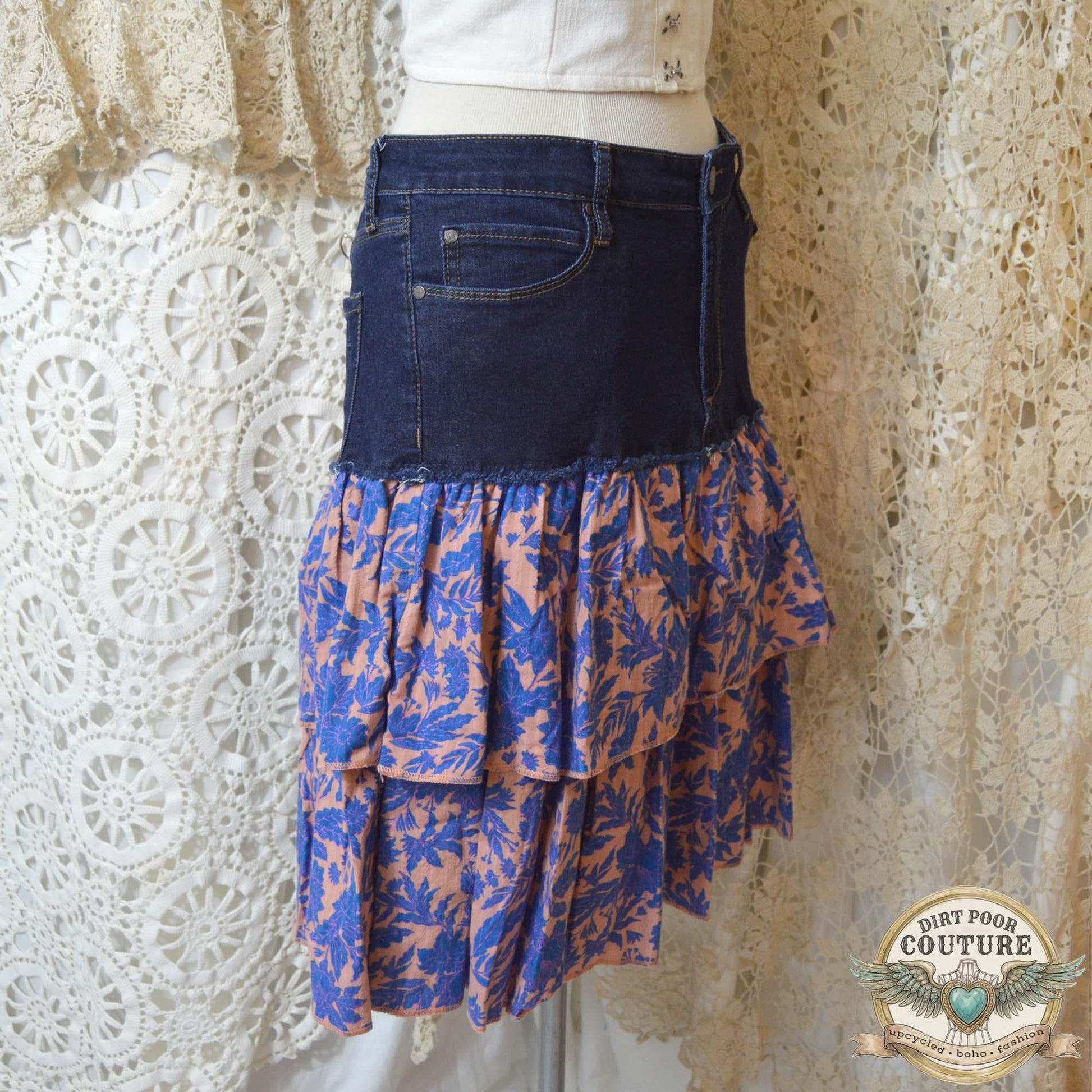 Boho Denim Skirt, Upcycled Jeans, Tiered Floral Cotton, Cottagecore, Size 30, OOAK, Savannah