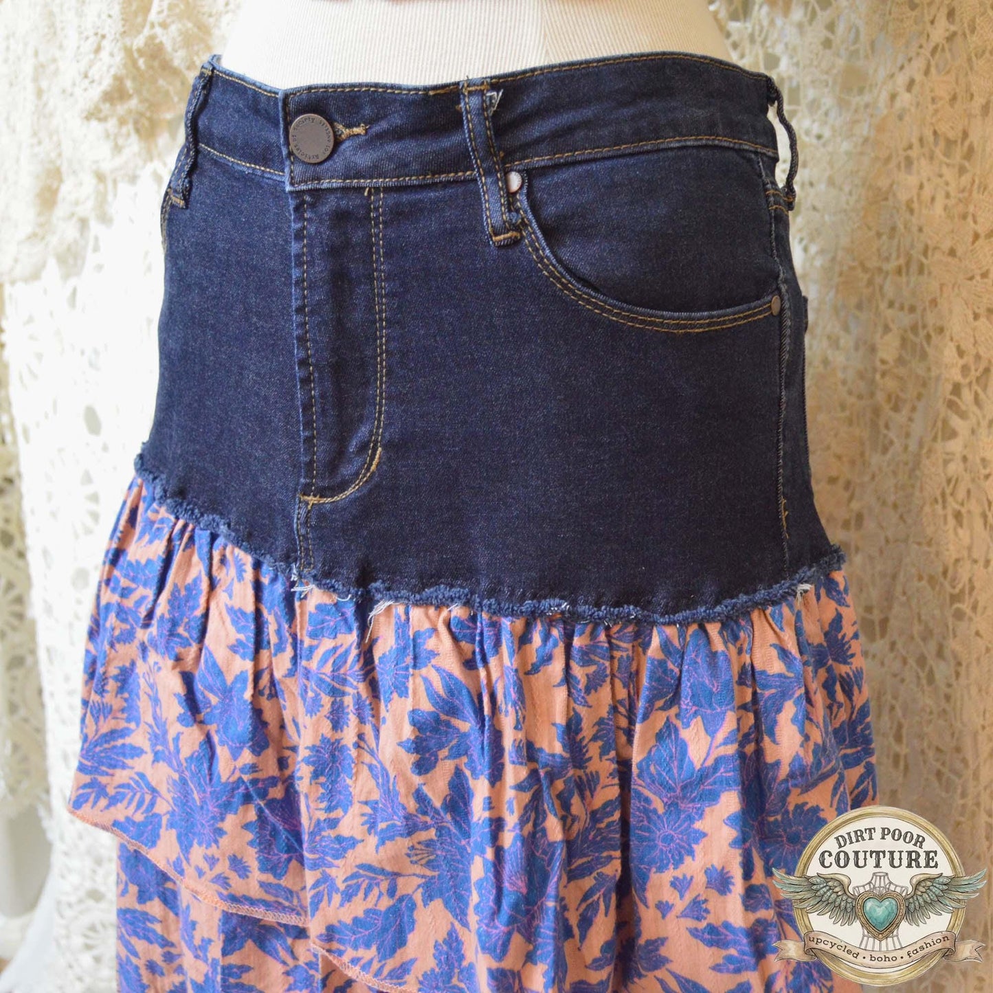 Boho Denim Skirt, Upcycled Jeans, Tiered Floral Cotton, Cottagecore, Size 30, OOAK, Savannah