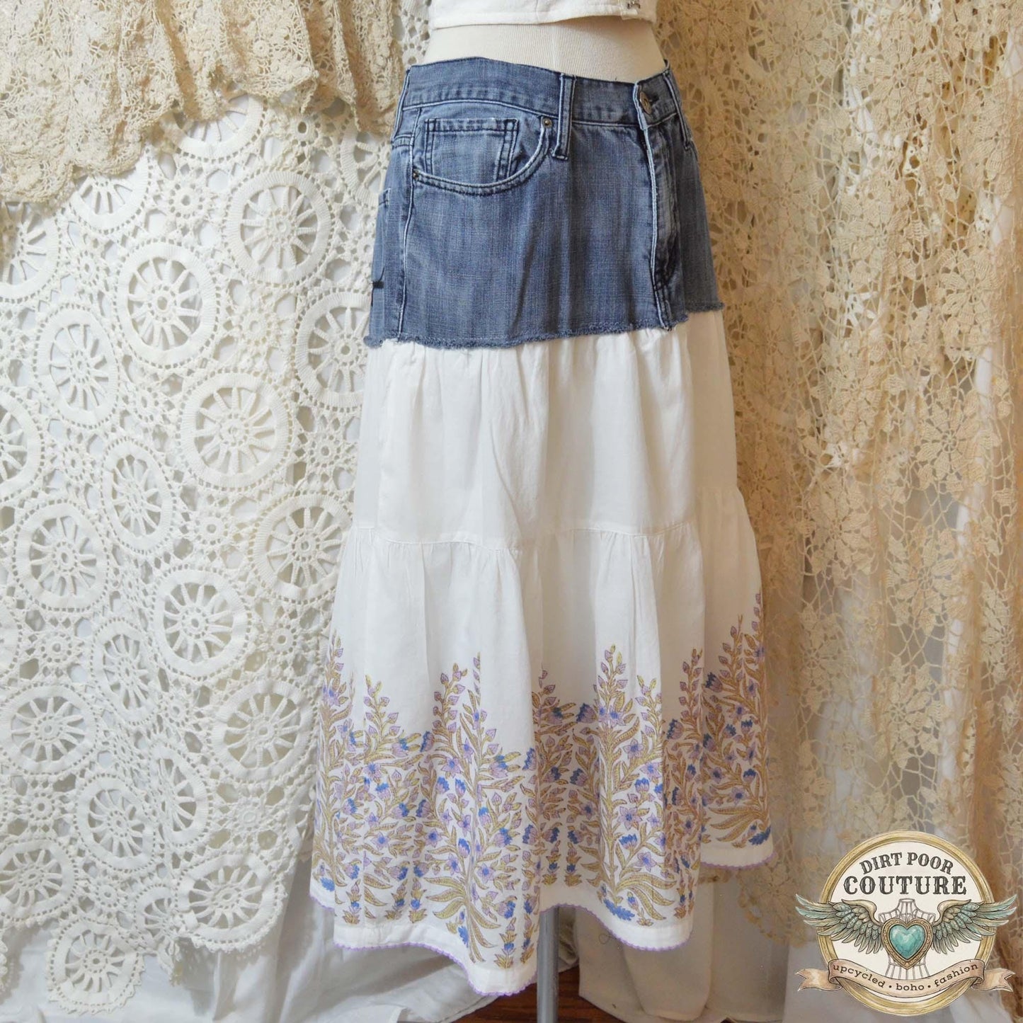 Denim White Maxi Skirt, Upcycled Guess Jeans, Cottagecore Skirt, Embroidered Maxi, OOAK, Georgette