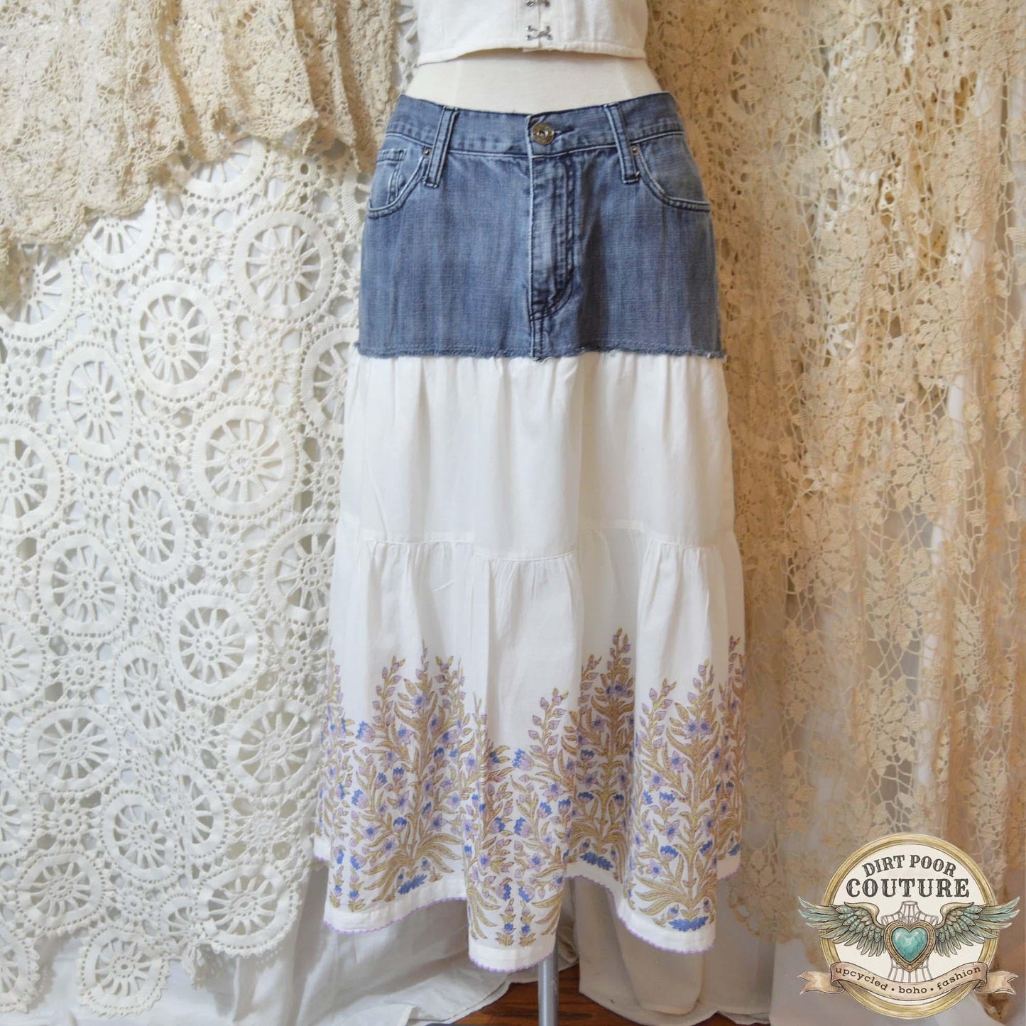 Denim White Maxi Skirt, Upcycled Guess Jeans, Cottagecore Skirt, Embroidered Maxi, OOAK, Georgette
