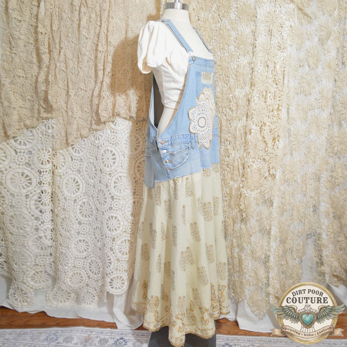 Bib Dress, Vintage Linen Maxi Dress, Upcycled Denim, Boho Prairie Dress, Upcycled, OOAK, Adelaide