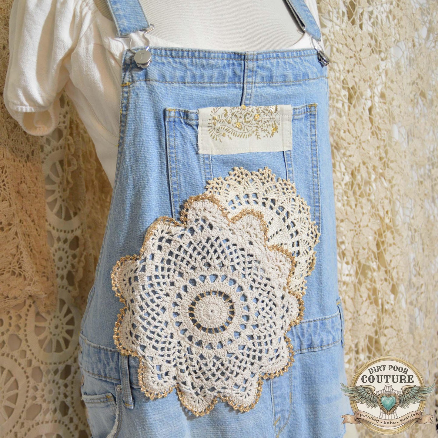 Bib Dress, Vintage Linen Maxi Dress, Upcycled Denim, Boho Prairie Dress, Upcycled, OOAK, Adelaide