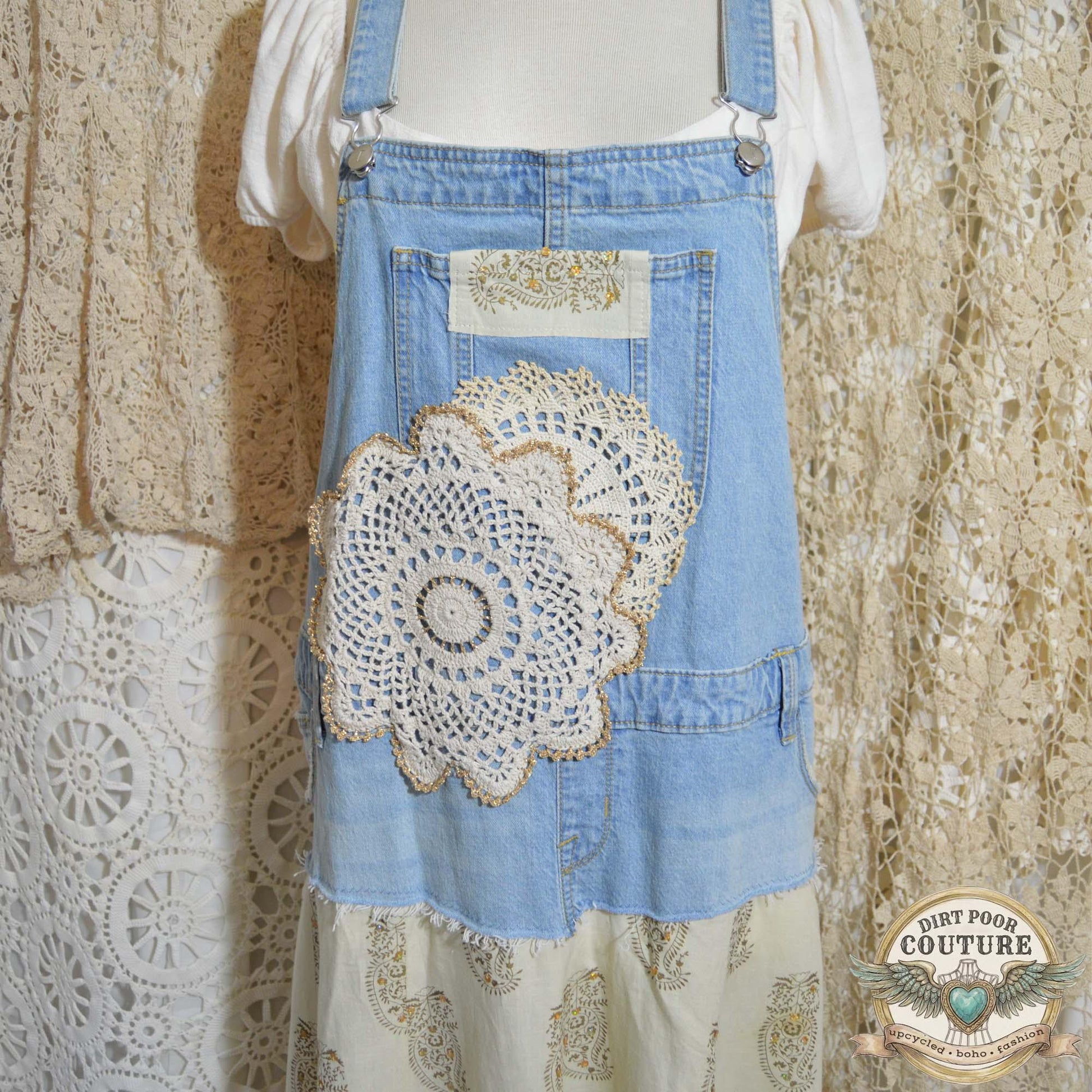 Bib Dress, Vintage Linen Maxi Dress, Upcycled Denim, Boho Prairie Dress, Upcycled, OOAK, Adelaide