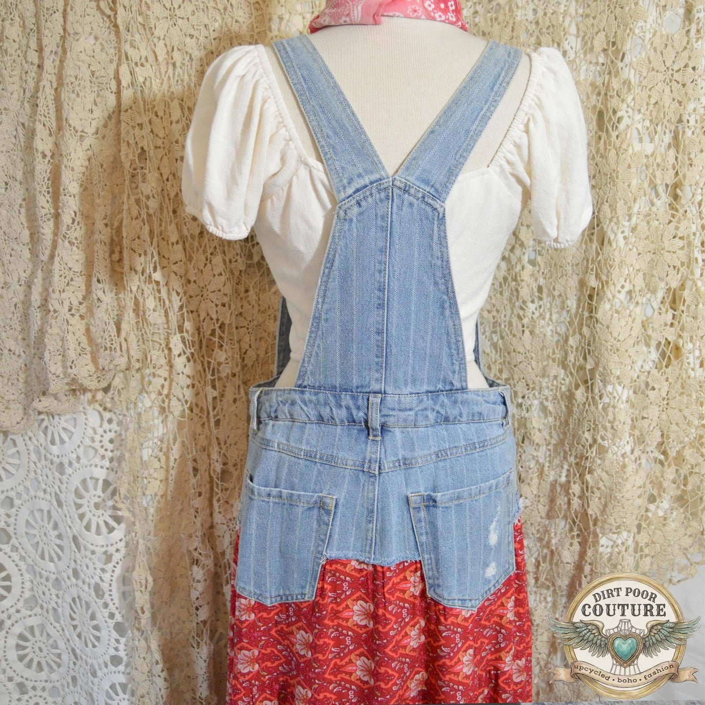 Red Floral Hi-Low Dress, Upcycled Denim, One of a Kind, Boho Maxi Festival Dress, OOAK Savannah