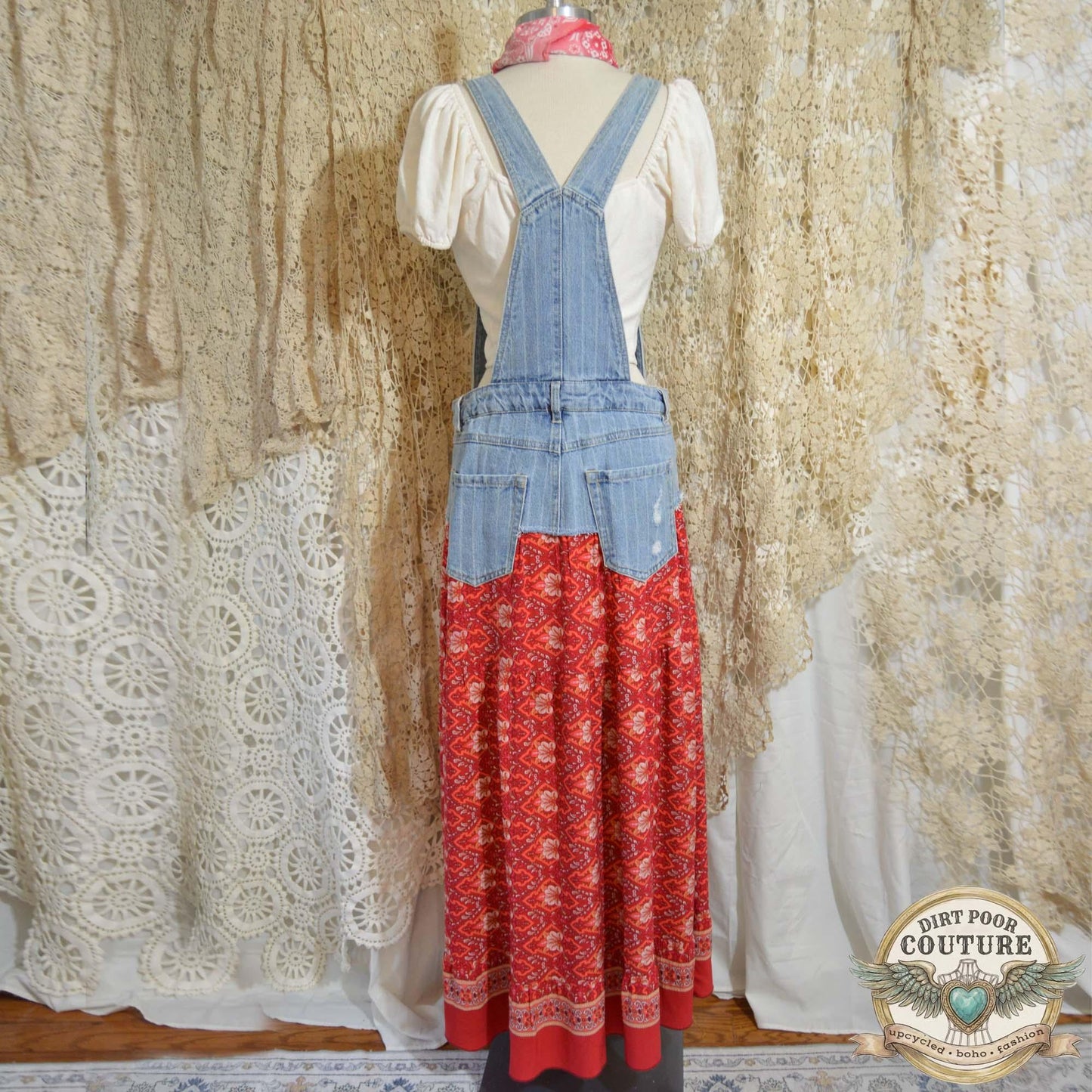 Red Floral Hi-Low Dress, Upcycled Denim, One of a Kind, Boho Maxi Festival Dress, OOAK Savannah