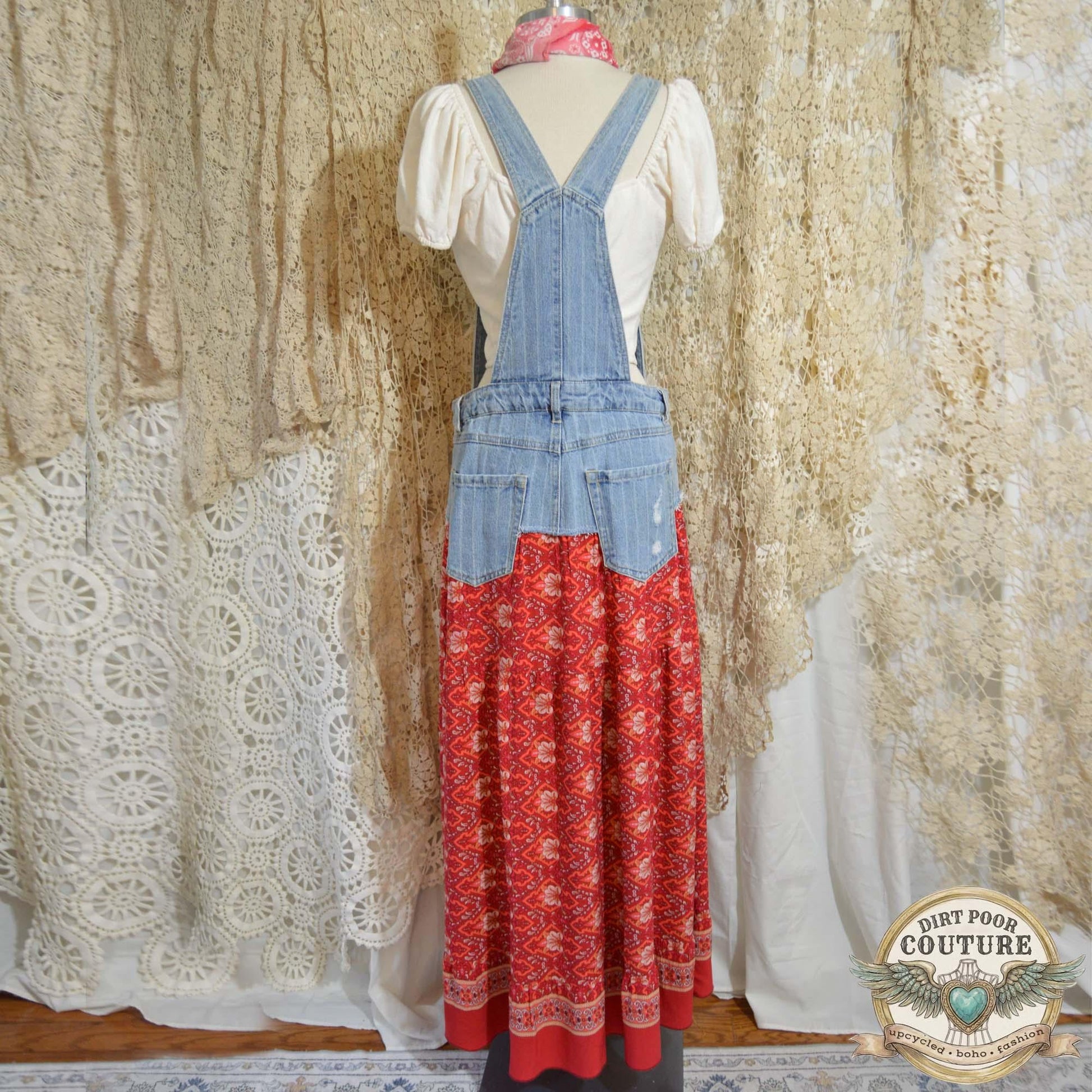 Red Floral Hi-Low Dress, Upcycled Denim, One of a Kind, Boho Maxi Festival Dress, OOAK Savannah