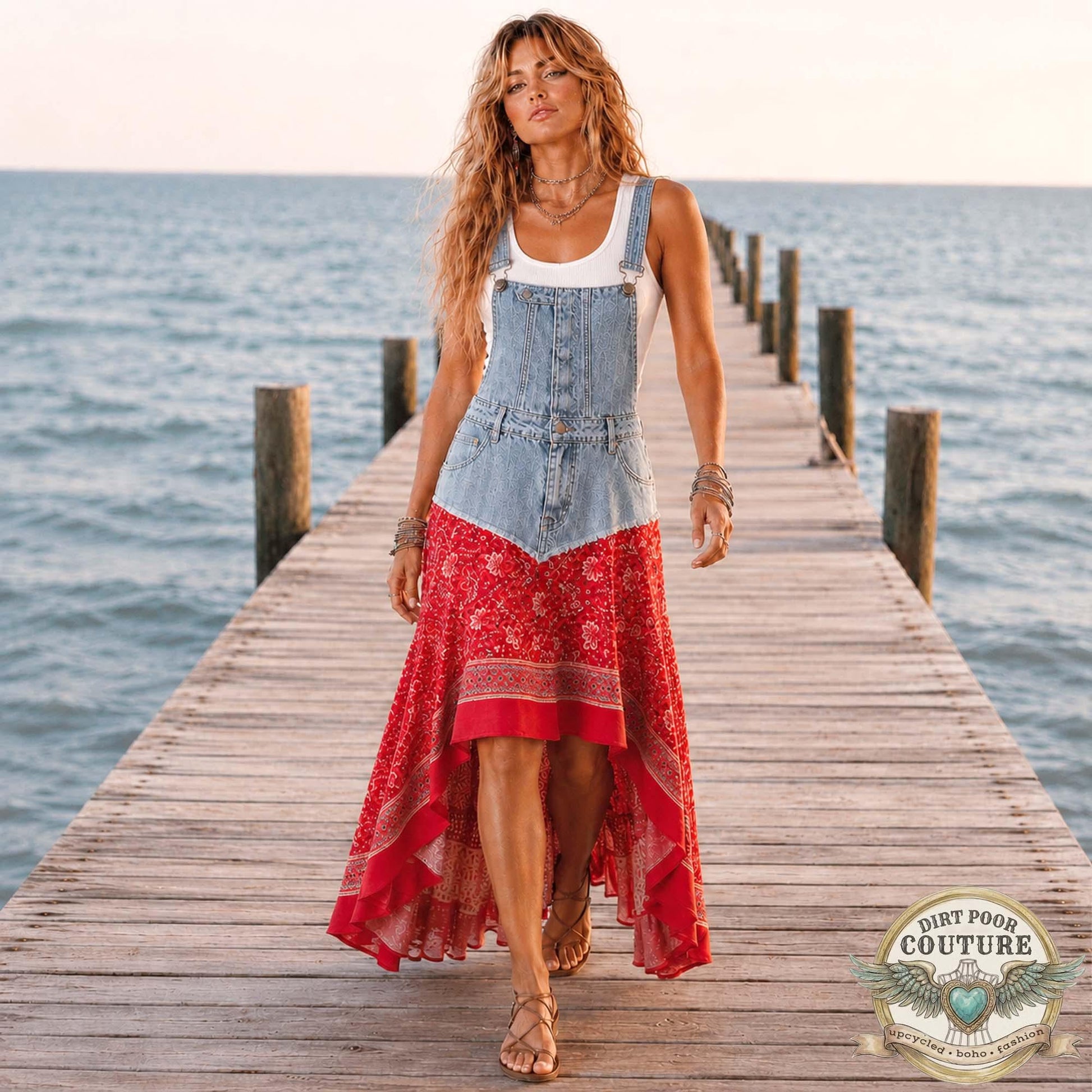 Red Floral Hi-Low Dress, Upcycled Denim, One of a Kind, Boho Maxi Festival Dress, OOAK Savannah