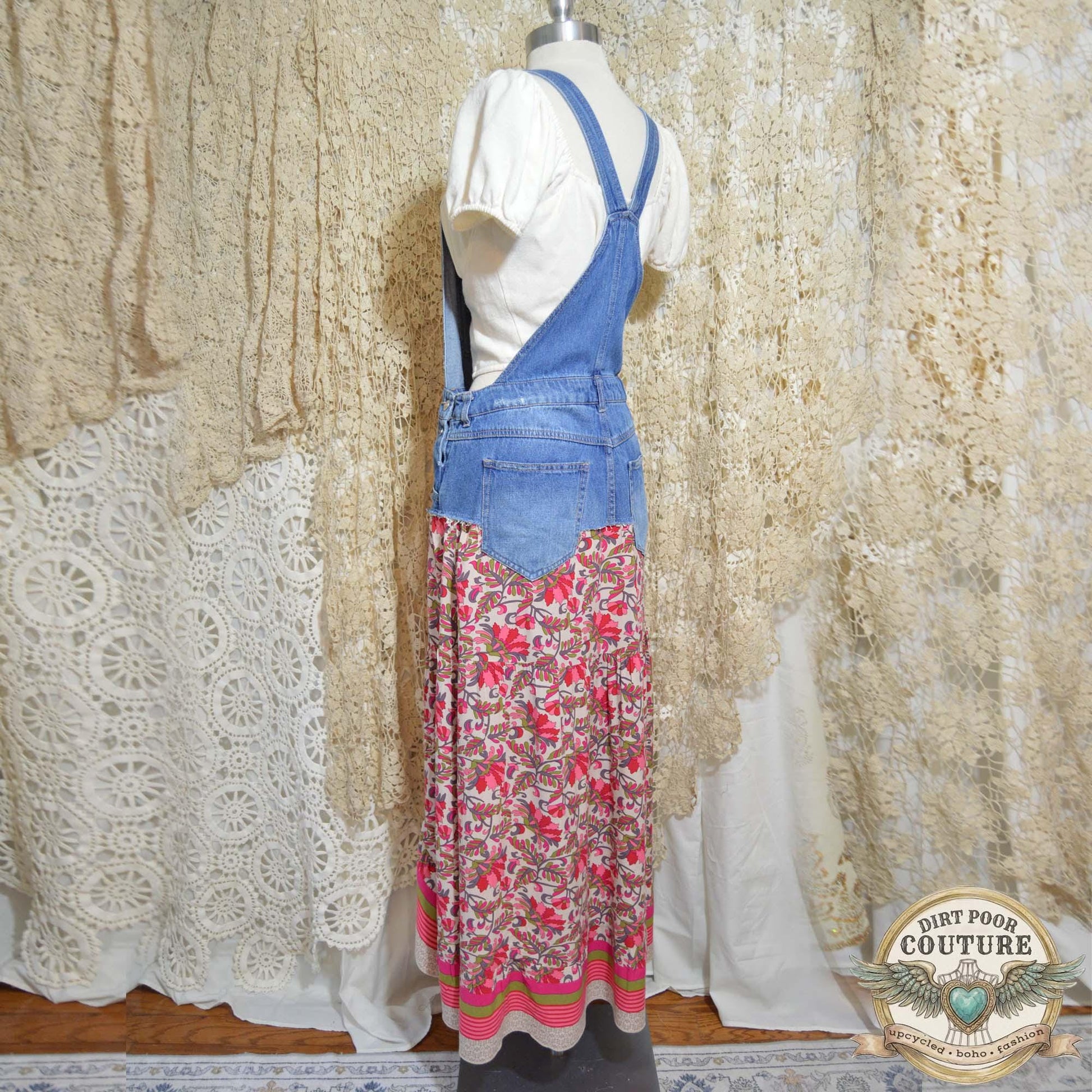 Romantic Boho Bib Dress, Upcycled Denim Hi Low Maxi Dress, Pink Floral Prairie Festival Clothing, OOAK Magnolia