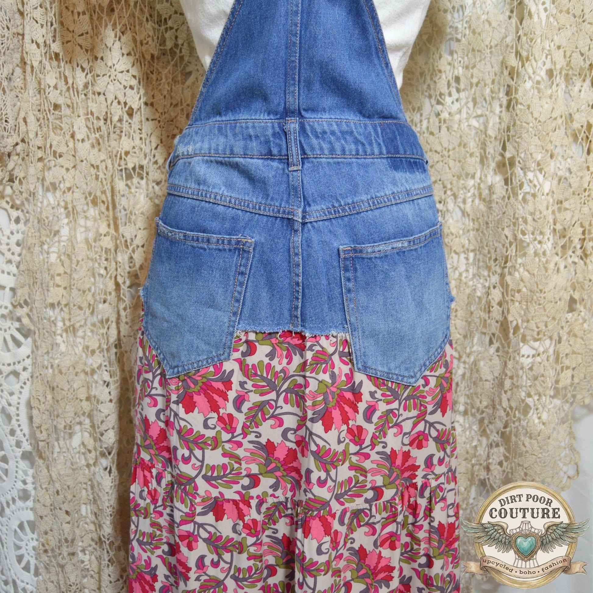Romantic Boho Bib Dress, Upcycled Denim Hi Low Maxi Dress, Pink Floral Prairie Festival Clothing, OOAK Magnolia