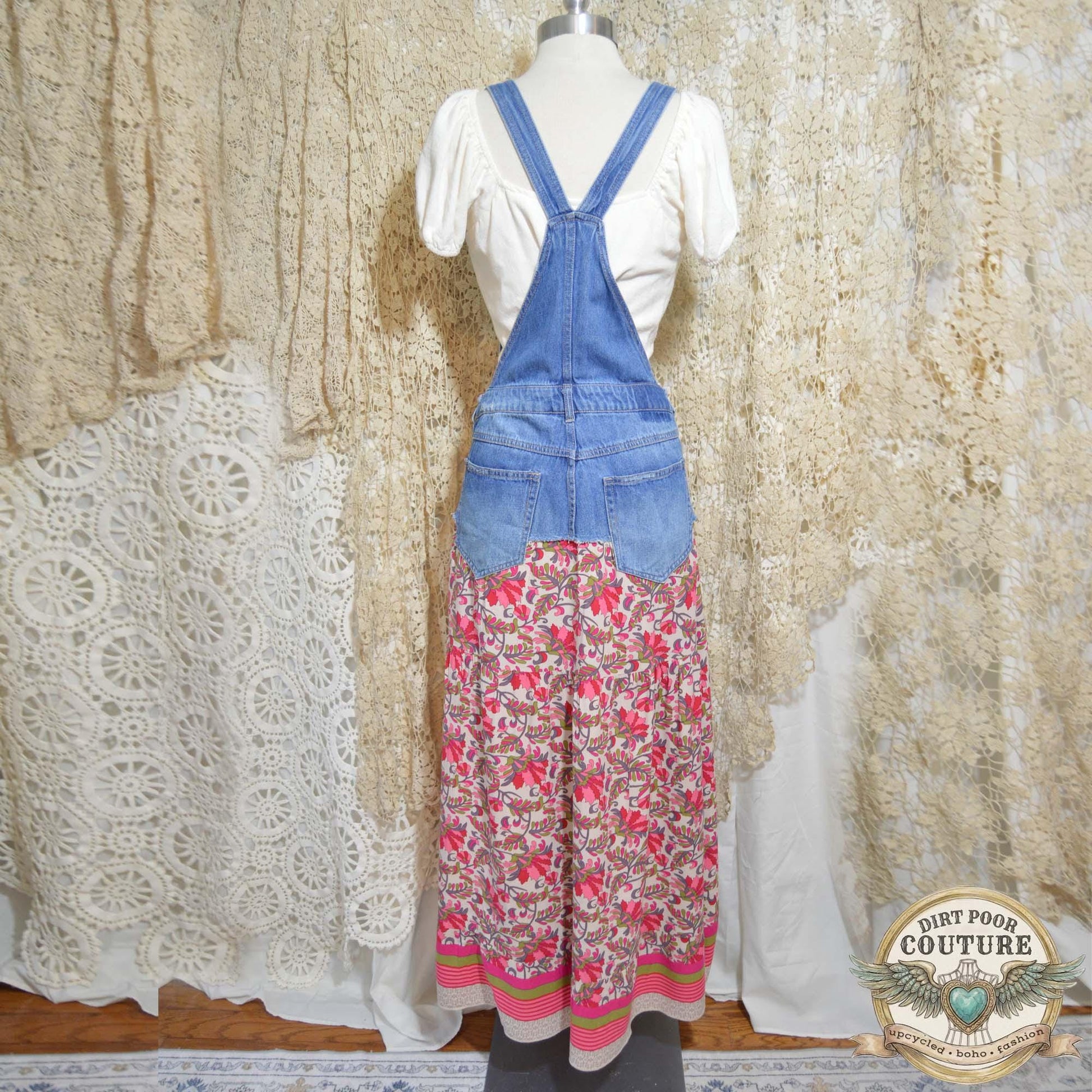 Romantic Boho Bib Dress, Upcycled Denim Hi Low Maxi Dress, Pink Floral Prairie Festival Clothing, OOAK Magnolia