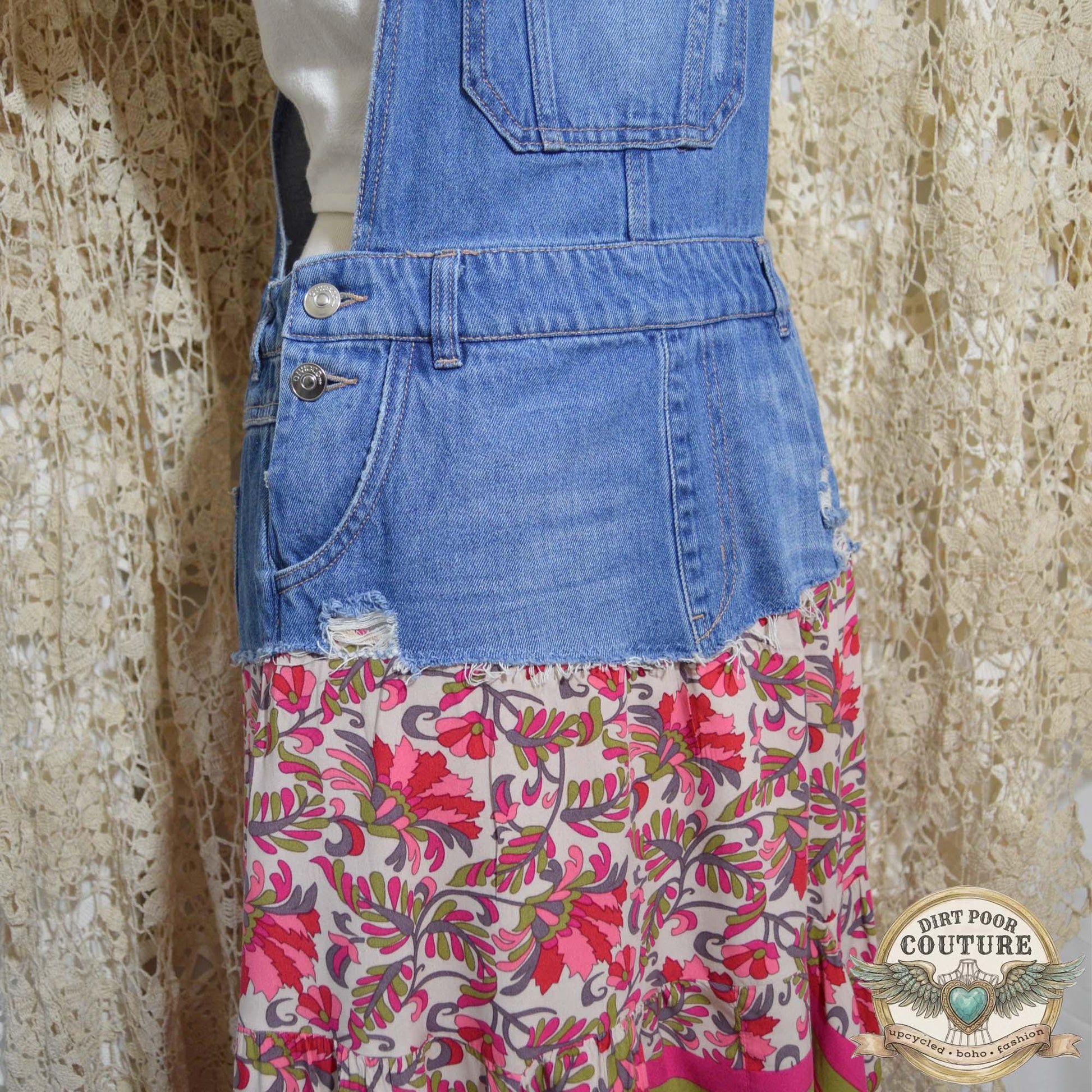 Romantic Boho Bib Dress, Upcycled Denim Hi Low Maxi Dress, Pink Floral Prairie Festival Clothing, OOAK Magnolia