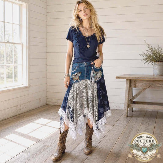 Blue Scrappy Patchwork Skirt, Shades of Blues, One-of-a-Kind Boho Hi Low Maxi Skirt, Custom Made to Order