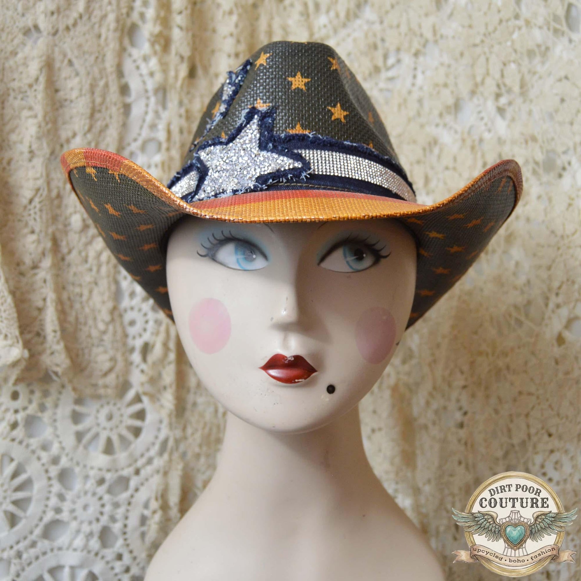 Distressed Americana Cowgirl Hat, One of a Kind, Western Hat, Rhinestone Star, Festival Hat, OOAK, Betsey