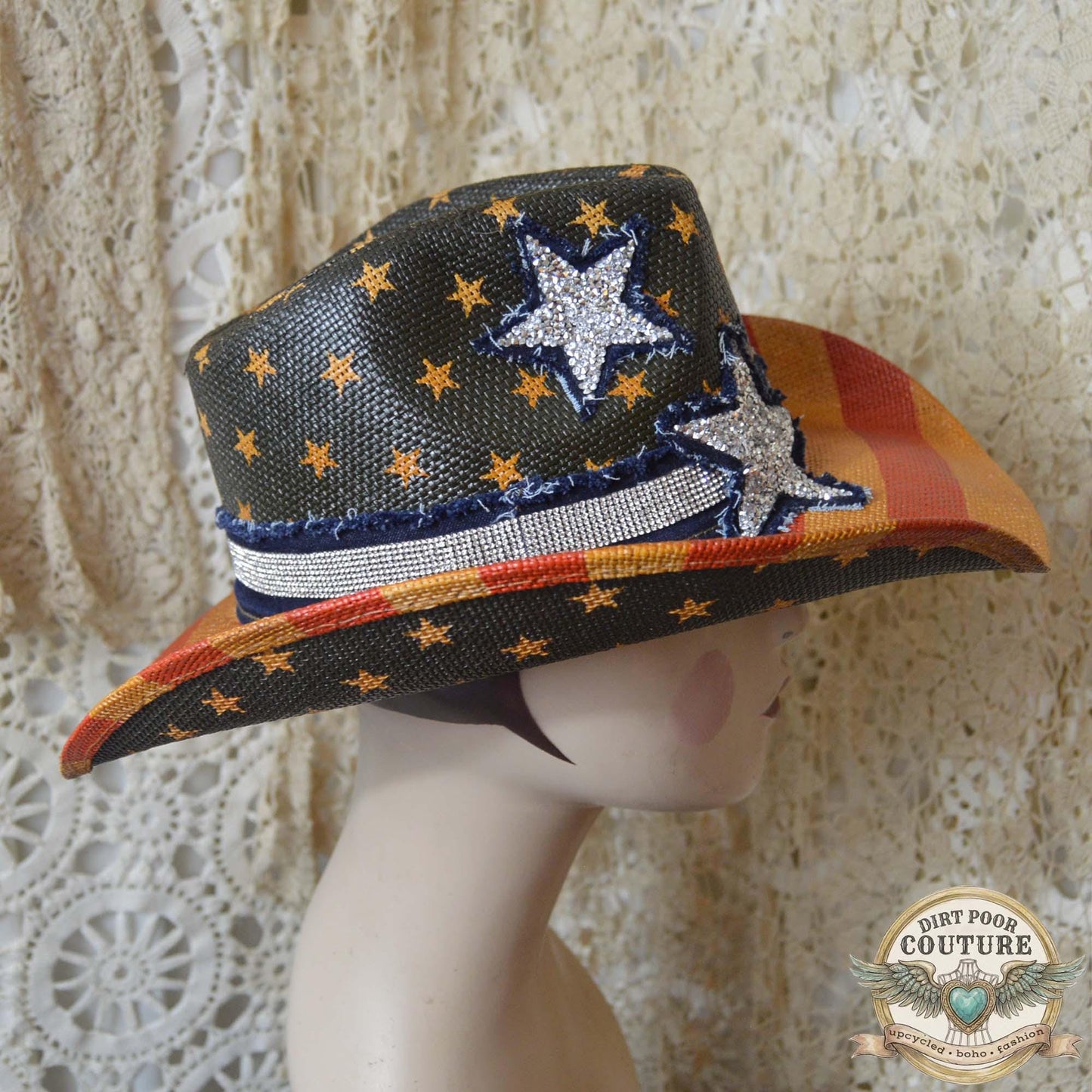 Distressed Americana Cowgirl Hat, One of a Kind, Western Hat, Rhinestone Star, Festival Hat, OOAK, Betsey