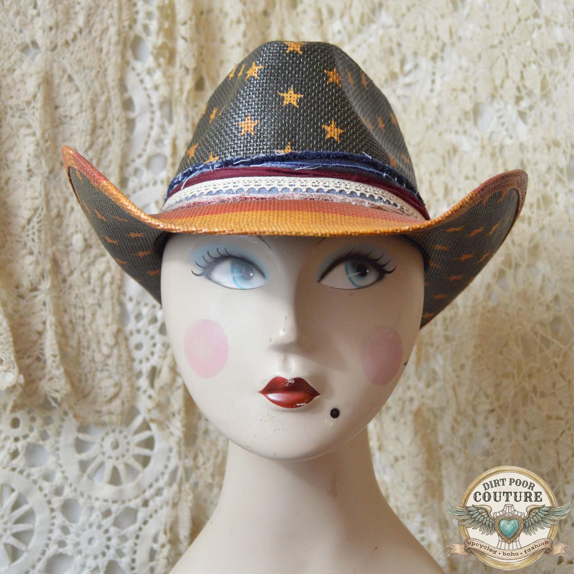 Distressed, Patriotic Boho Cowgirl Hat, One of a Kind Western Hat, Vintage Sari Silk Hat, Romantic Rebel Style, Eleanor