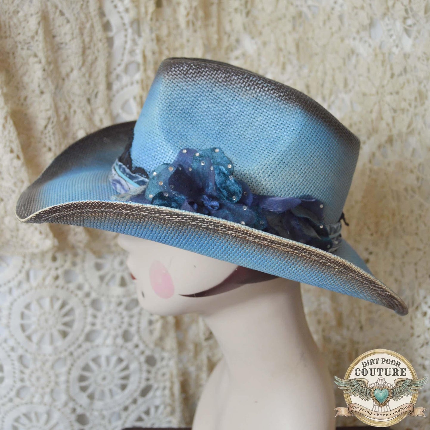 Blue OOAK Cowgirl Hat, One of a Kind Distressed, Romantic Boho Western Hat, Vintage Sari Silk Hat, Wearable Art Chloe
