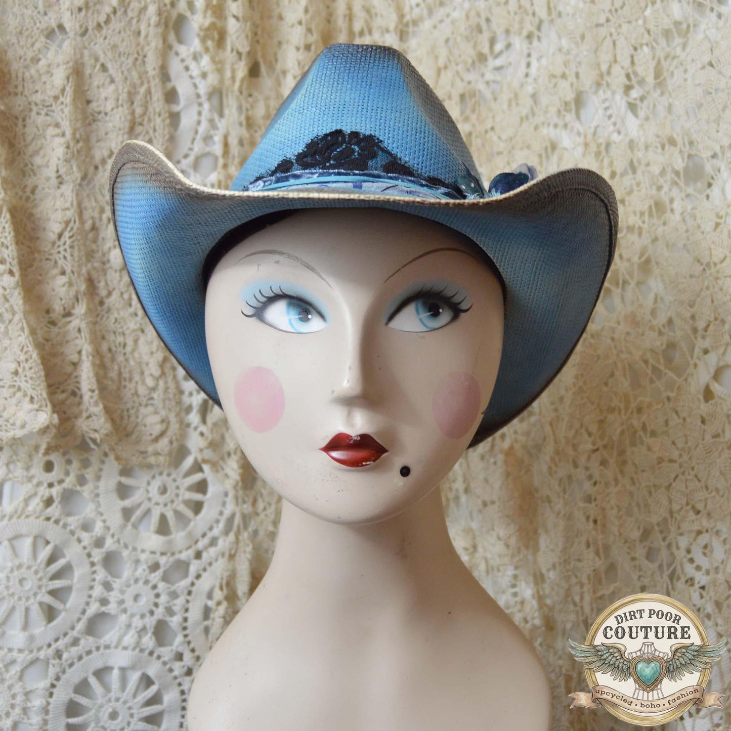 Blue OOAK Cowgirl Hat, One of a Kind Distressed, Romantic Boho Western Hat, Vintage Sari Silk Hat, Wearable Art Chloe