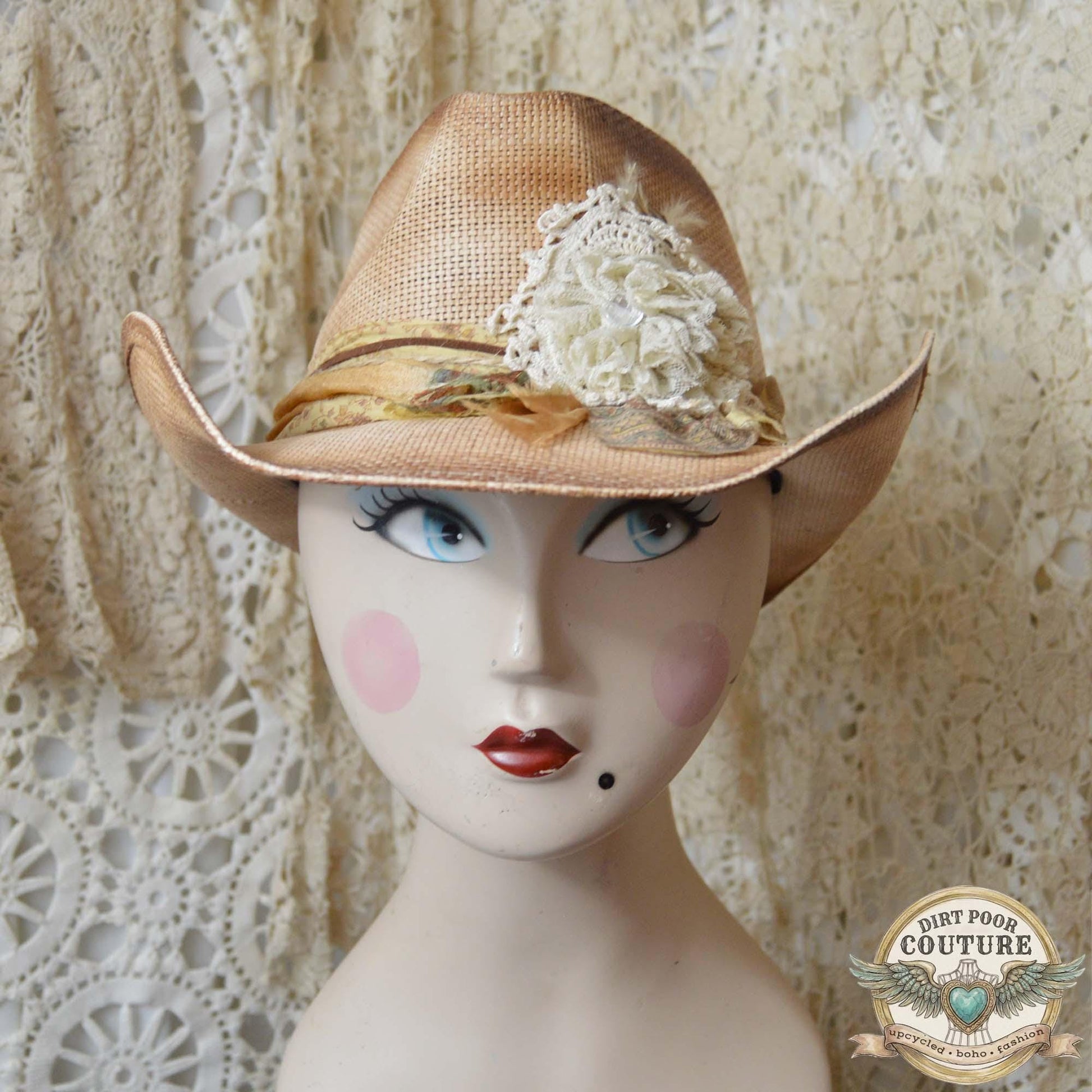 Distressed Blush Cowgirl Hat, One of a Kind Boho Western Hat, Vintage Sari Silk Hat, Romantic Prairie Hat, Clara