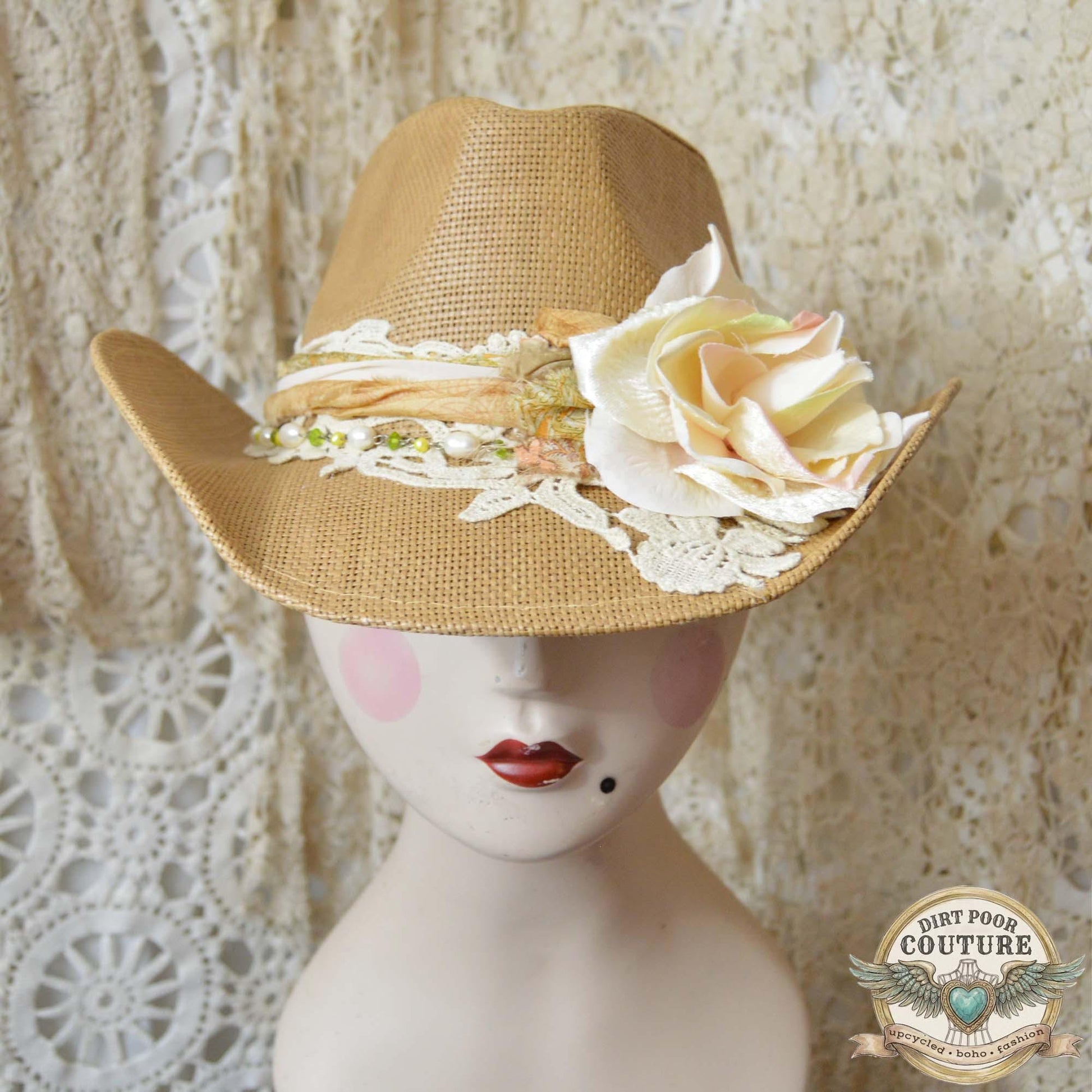Distressed Boho Cowgirl Hat, One of a Kind Western Hat, Vintage Sari Silk Hat, Romantic Prairie Hat, Delilah