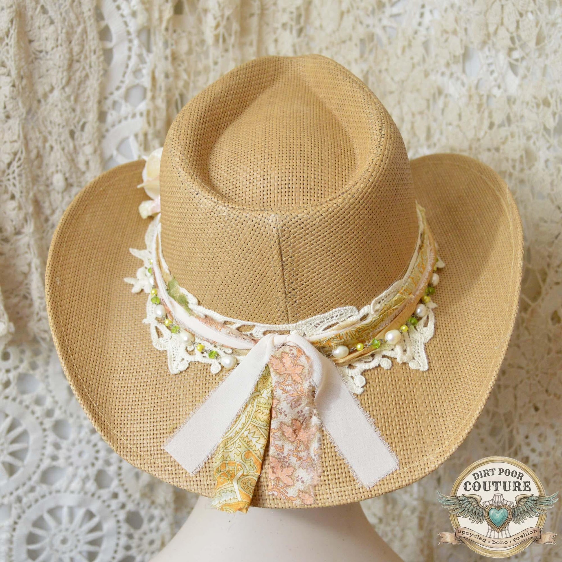 Distressed Boho Cowgirl Hat, One of a Kind Western Hat, Vintage Sari Silk Hat, Romantic Prairie Hat, Delilah