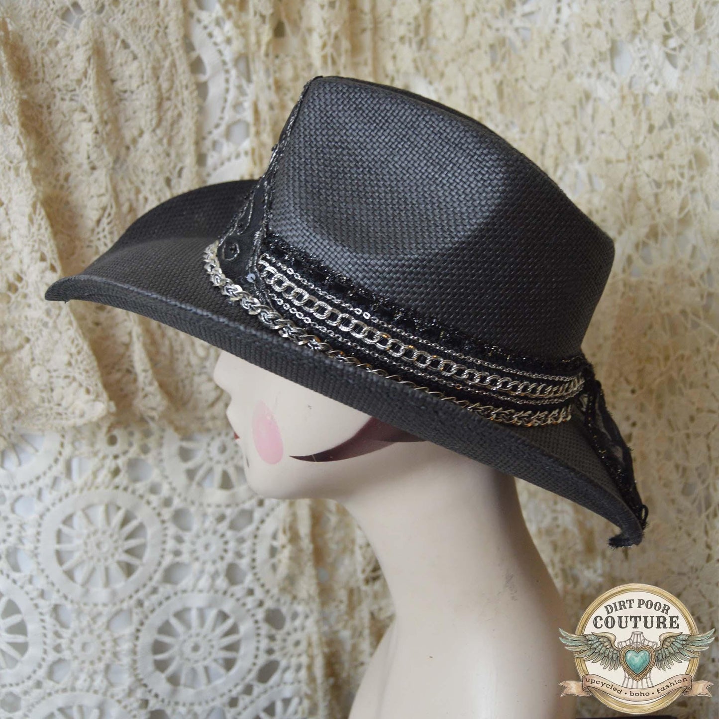 Black Boho Cowgirl Hat, One of a Kind Western Hat, Gothic Western Hat, Artisan Festival Hat, Eliza
