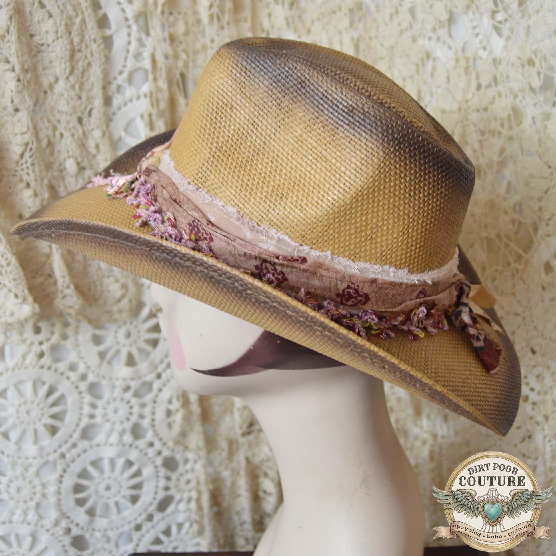 Boho Straw Cowgirl Hat, One of a Kind Western Hat, Floral Sari Silk Hat, Artisan Festival Hat, Georgia