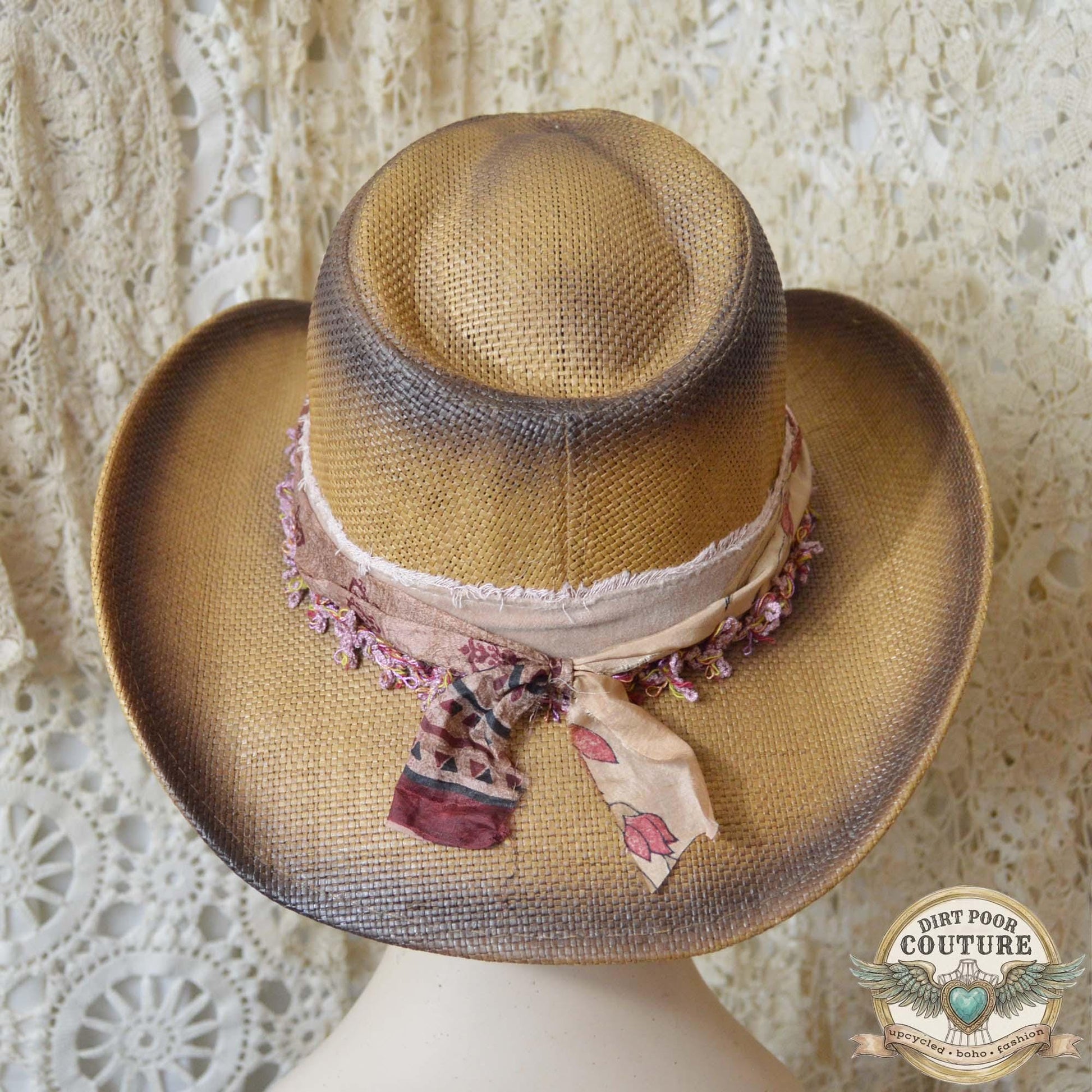 Boho Straw Cowgirl Hat, One of a Kind Western Hat, Floral Sari Silk Hat, Artisan Festival Hat, Georgia