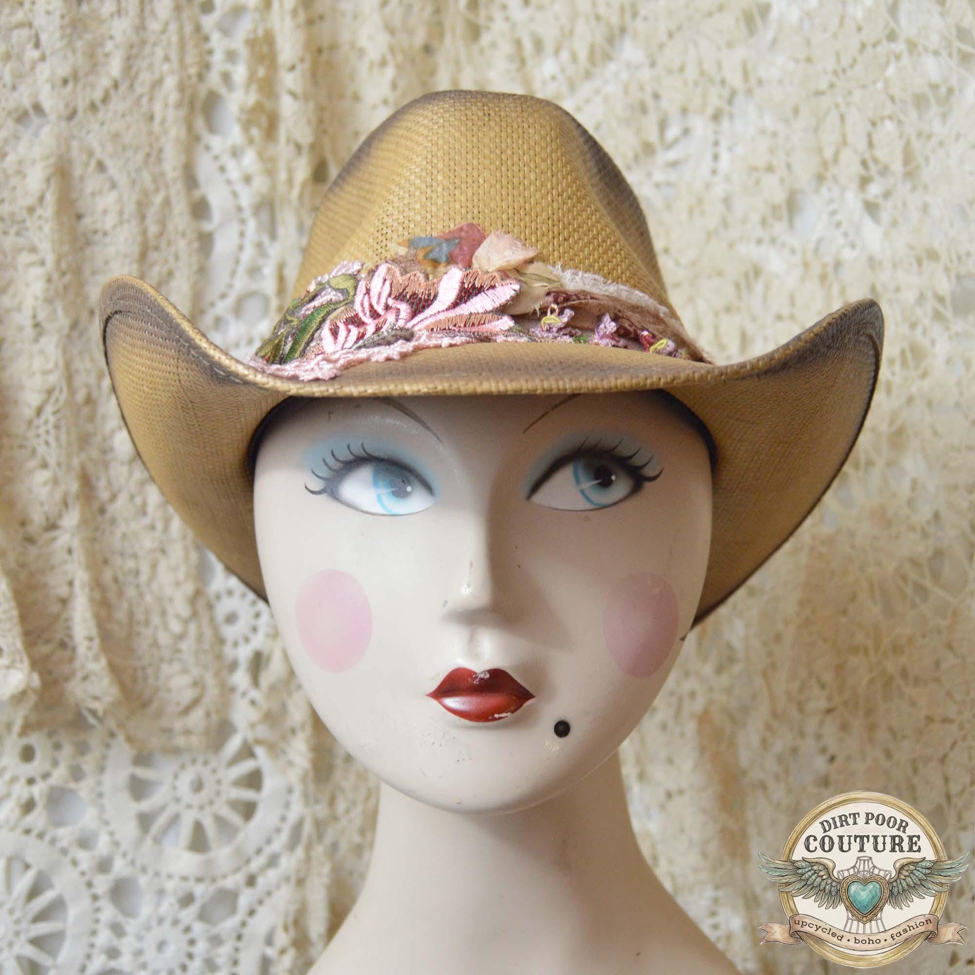 Boho Straw Cowgirl Hat, One of a Kind Western Hat, Floral Sari Silk Hat, Artisan Festival Hat, Georgia