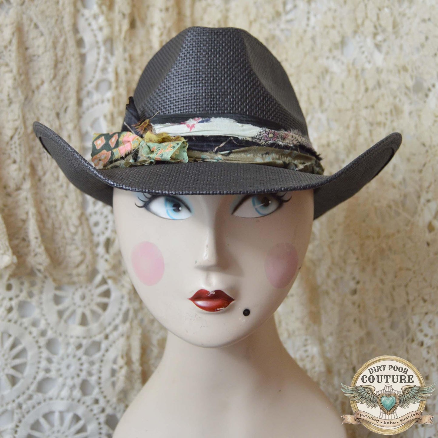 Black Boho Cowgirl Hat, One of a Kind Western Hat, Vintage Sari Silk Hat, Artisan Festival Hat, Hazel