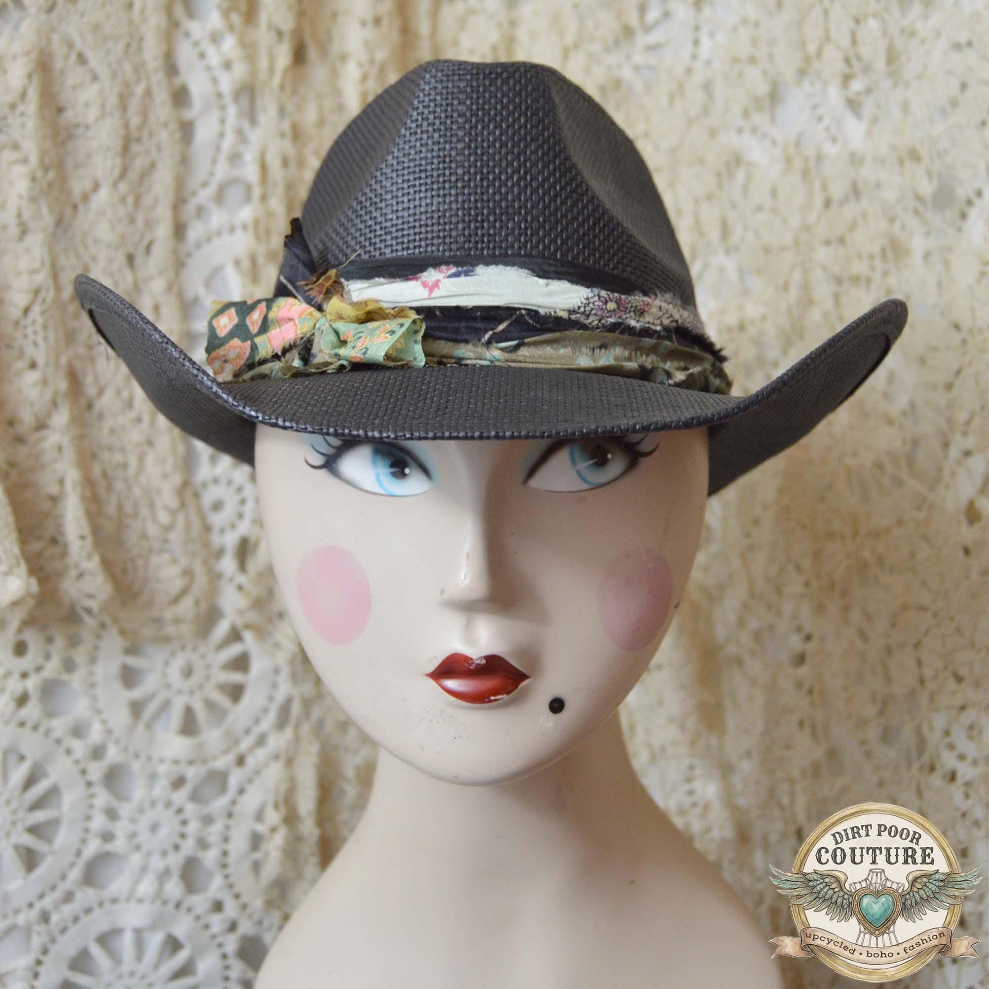 Black Boho Cowgirl Hat, One of a Kind Western Hat, Vintage Sari Silk Hat, Artisan Festival Hat, Hazel
