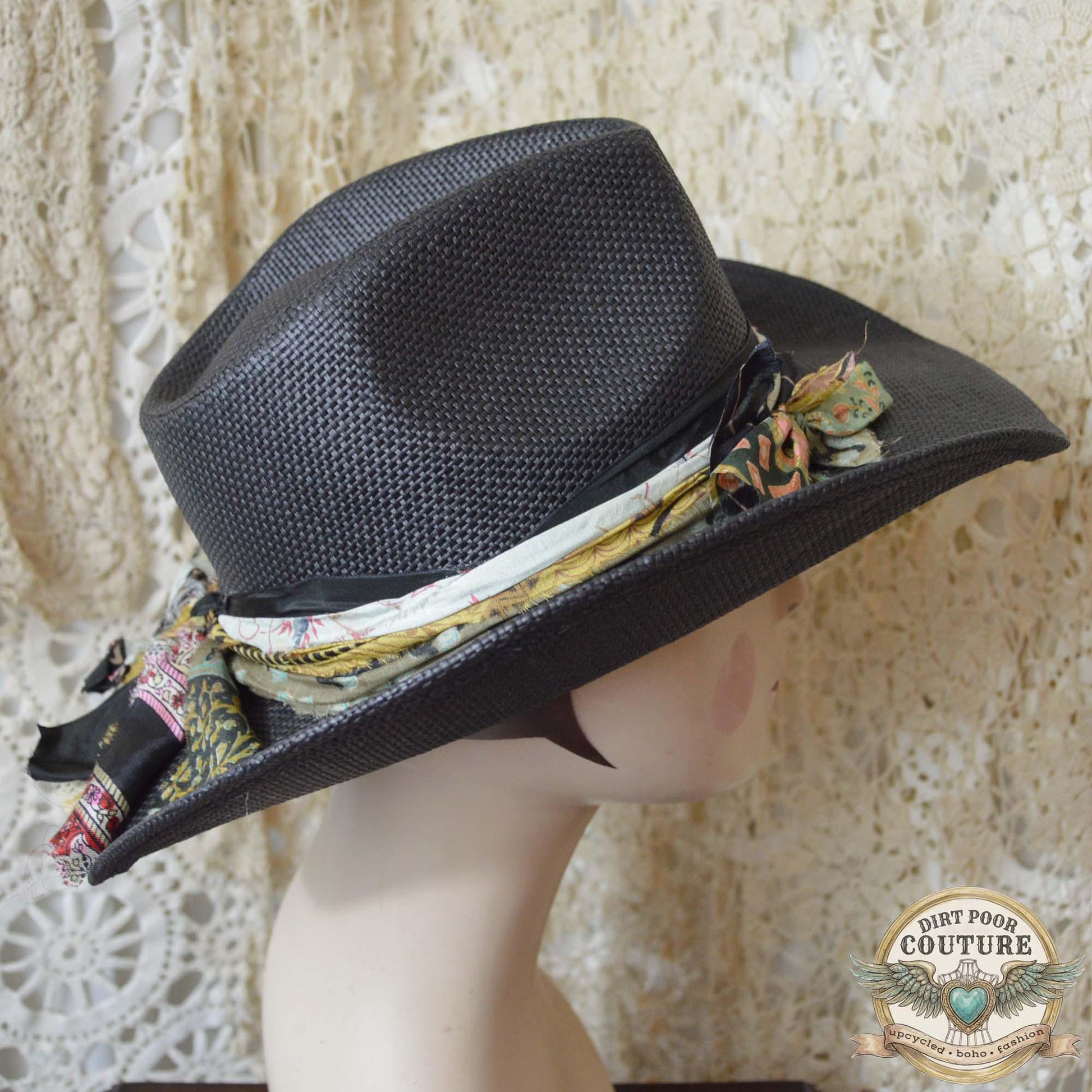 Black Boho Cowgirl Hat, One of a Kind Western Hat, Vintage Sari Silk Hat, Artisan Festival Hat, Hazel